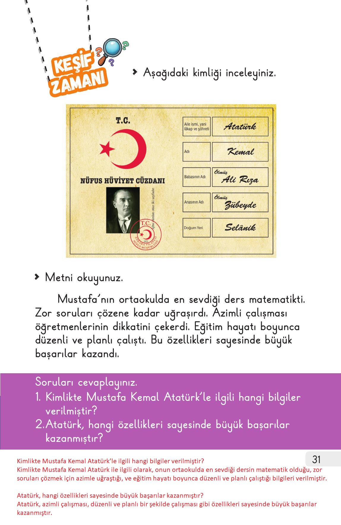 1. Sınıf Meb Yayınları Hayat Bilgisi 2. Kitap Ders Kitabı Sayfa 31 Cevapları
