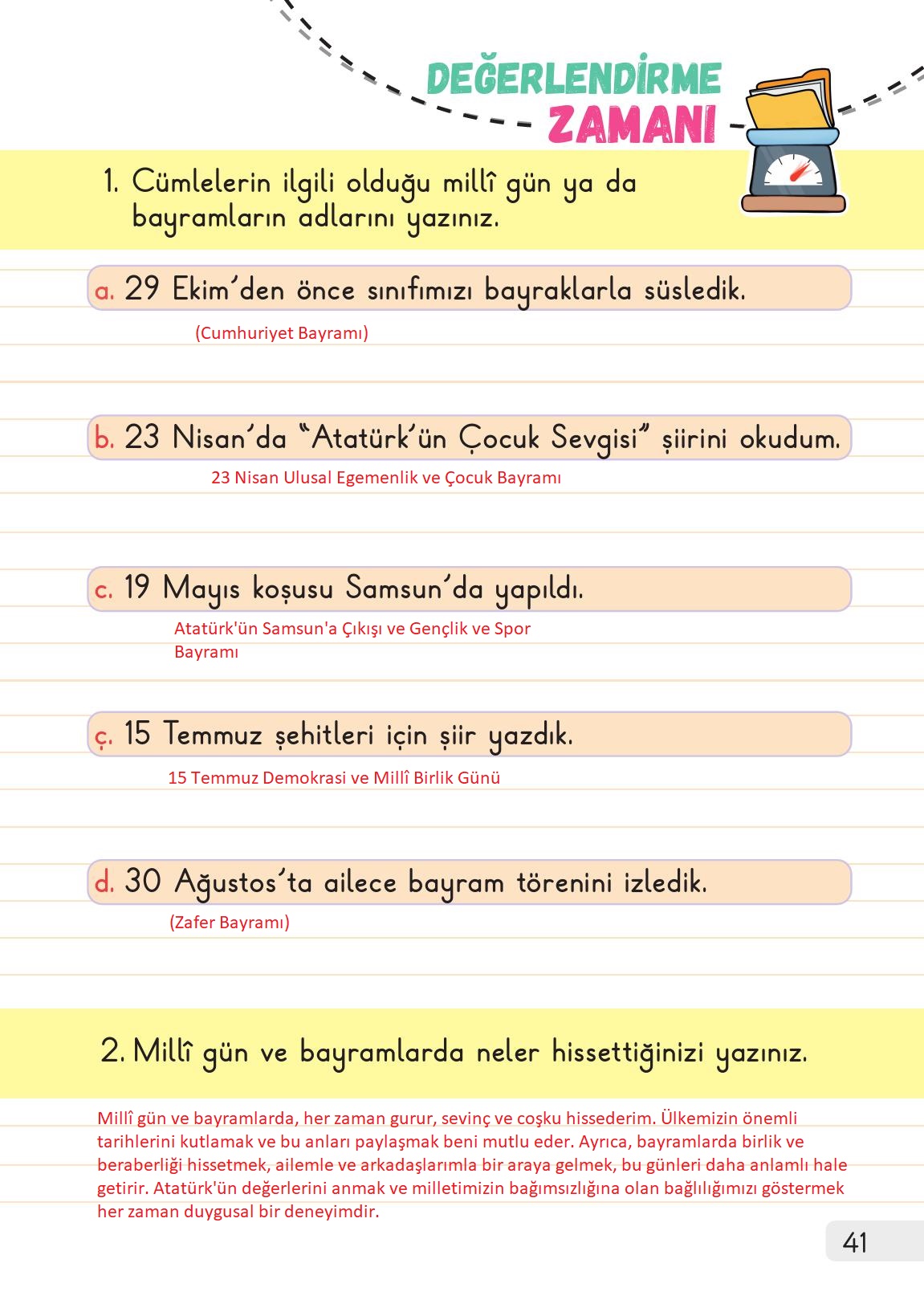 1. Sınıf Meb Yayınları Hayat Bilgisi 2. Kitap Ders Kitabı Sayfa 41 Cevapları