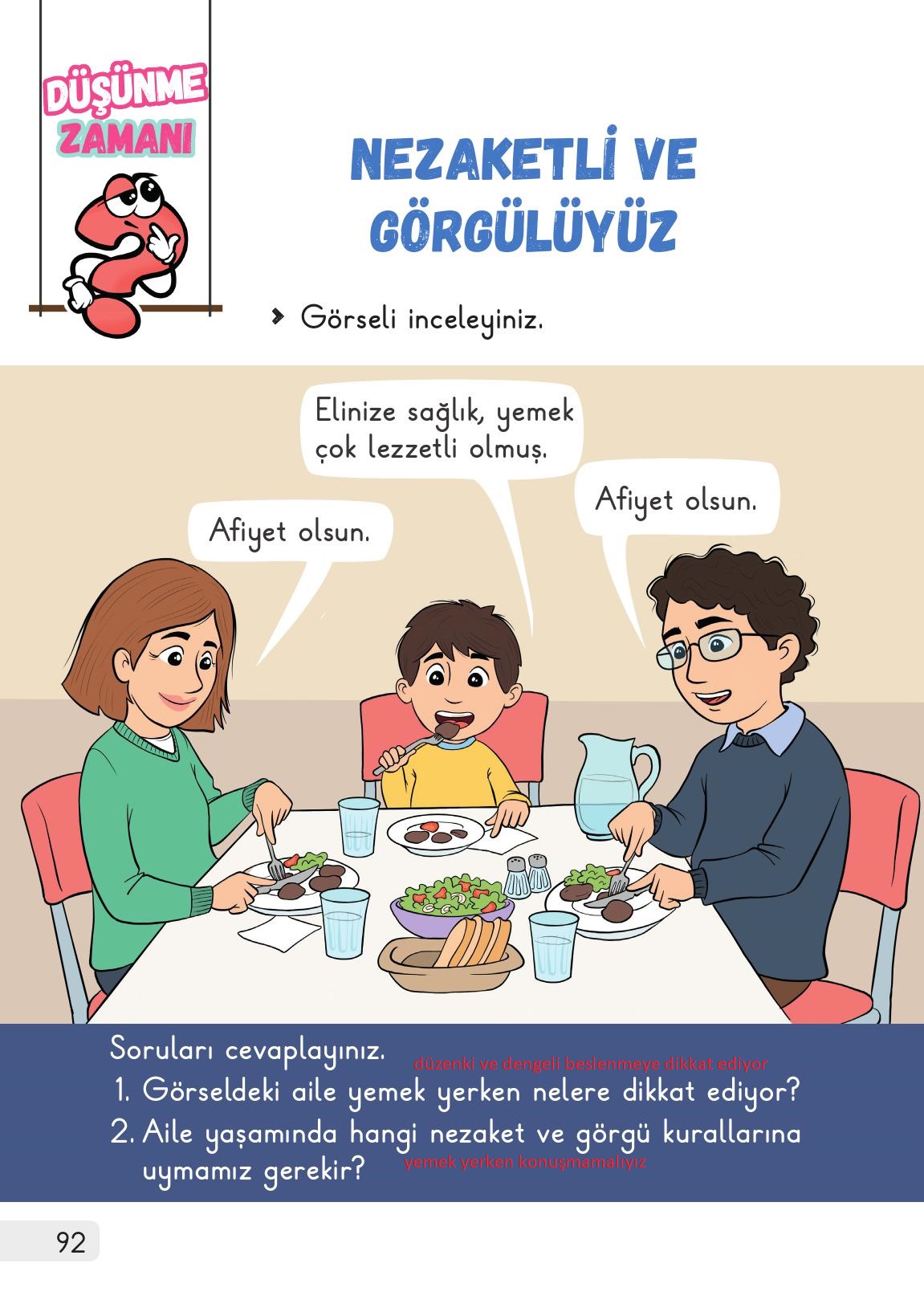 1. Sınıf Meb Yayınları Hayat Bilgisi Ders Kitabı Sayfa 92 Cevapları