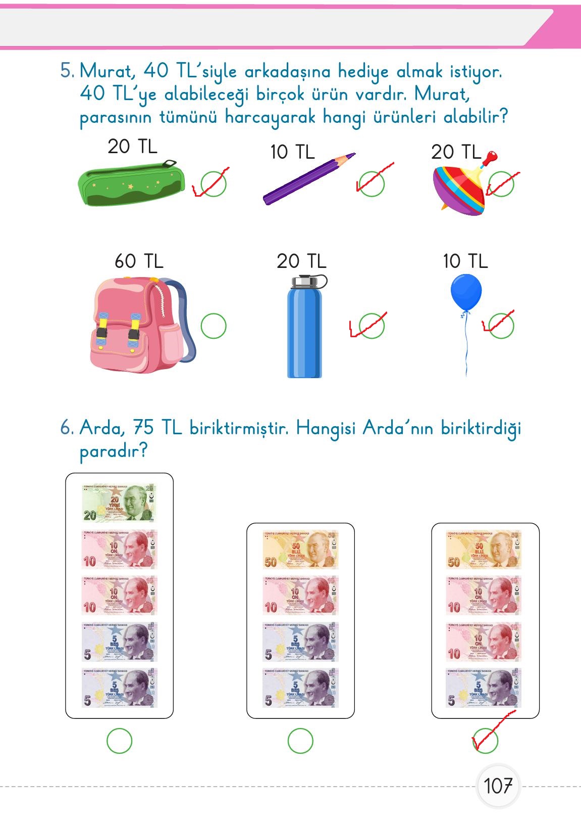 1. Sınıf Meb Yayınları 2. Kitap Matematik Ders Kitabı Sayfa 107 Cevapları