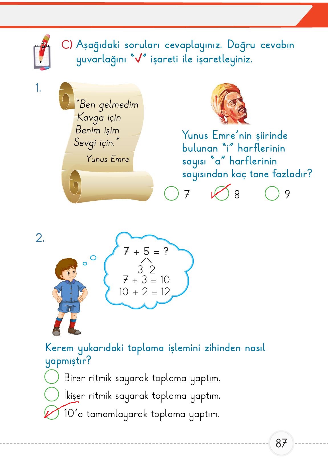 1. Sınıf Meb Yayınları 2. Kitap Matematik Ders Kitabı Sayfa 87 Cevapları