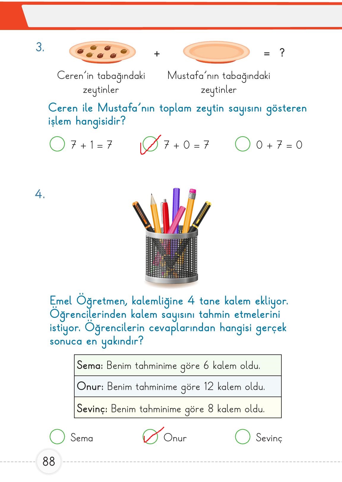 1. Sınıf Meb Yayınları 2. Kitap Matematik Ders Kitabı Sayfa 88 Cevapları