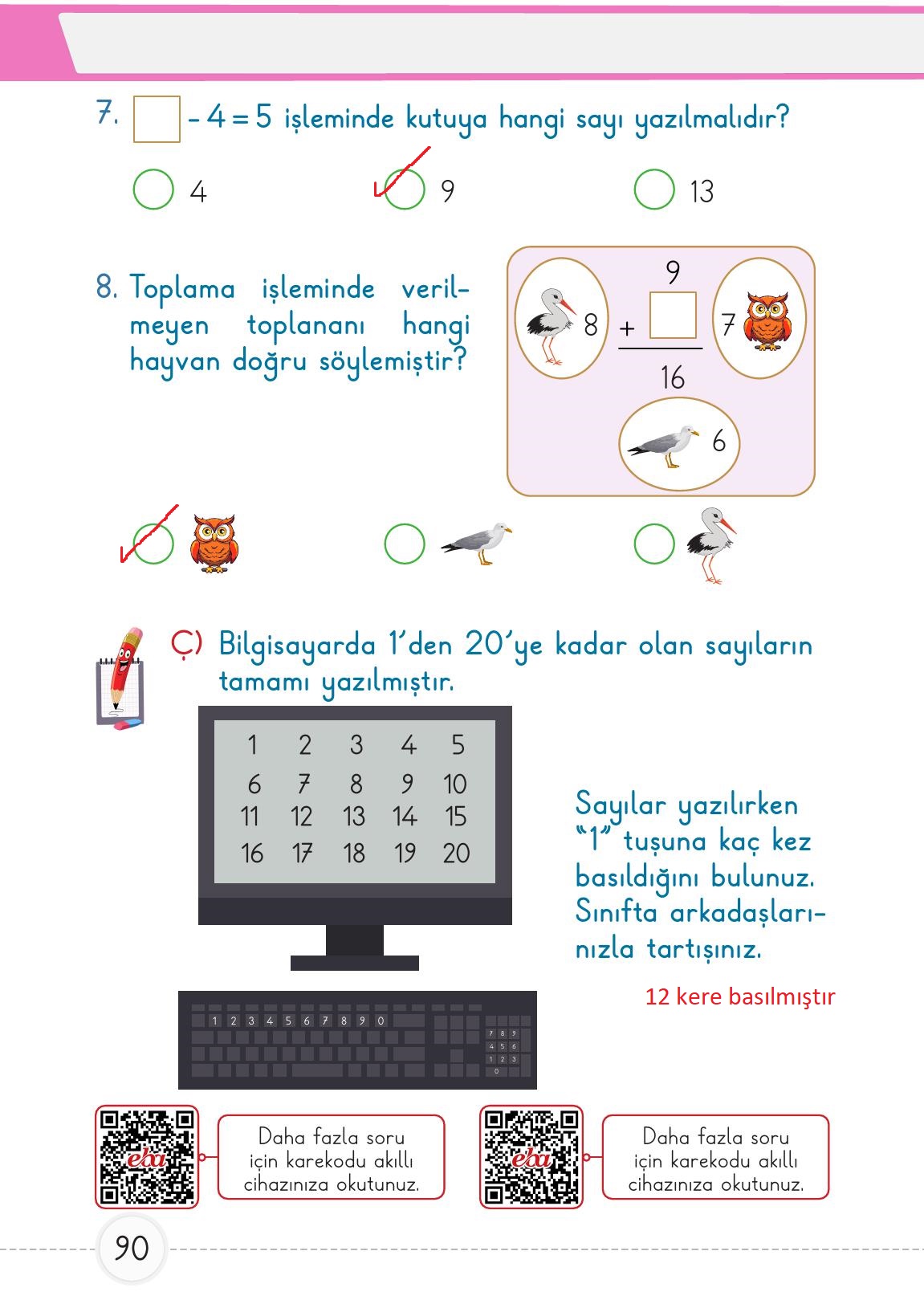1. Sınıf Meb Yayınları 2. Kitap Matematik Ders Kitabı Sayfa 90 Cevapları