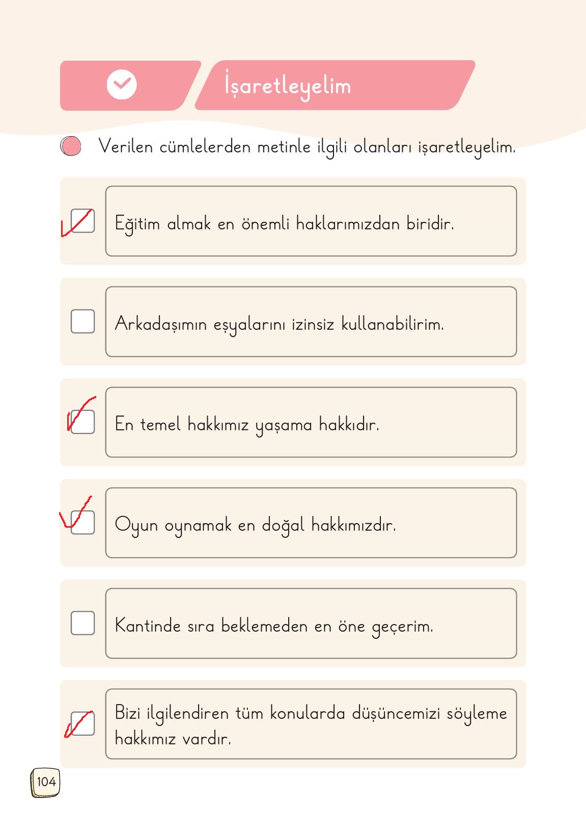 1. Sınıf Meb Yayınları 2. Kitap Türkçe Ders Kitabı Sayfa 104 Cevapları