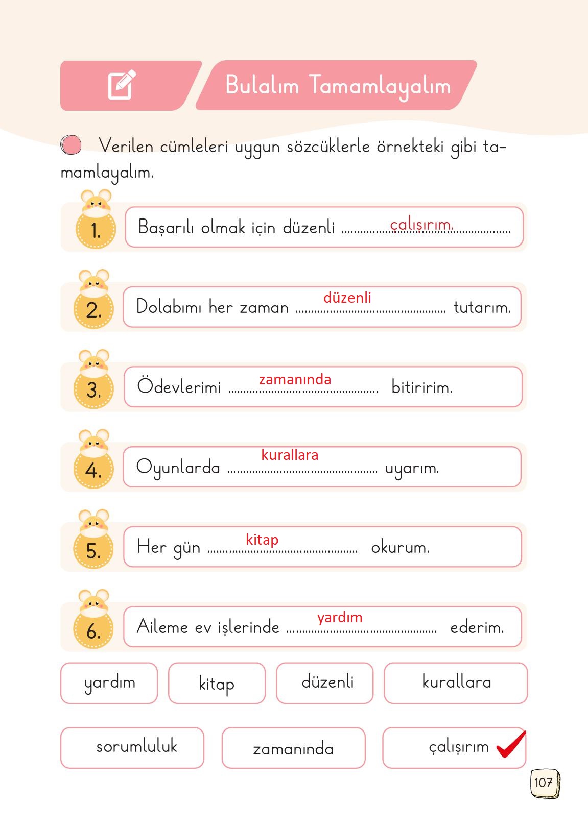 1. Sınıf Meb Yayınları 2. Kitap Türkçe Ders Kitabı Sayfa 107 Cevapları