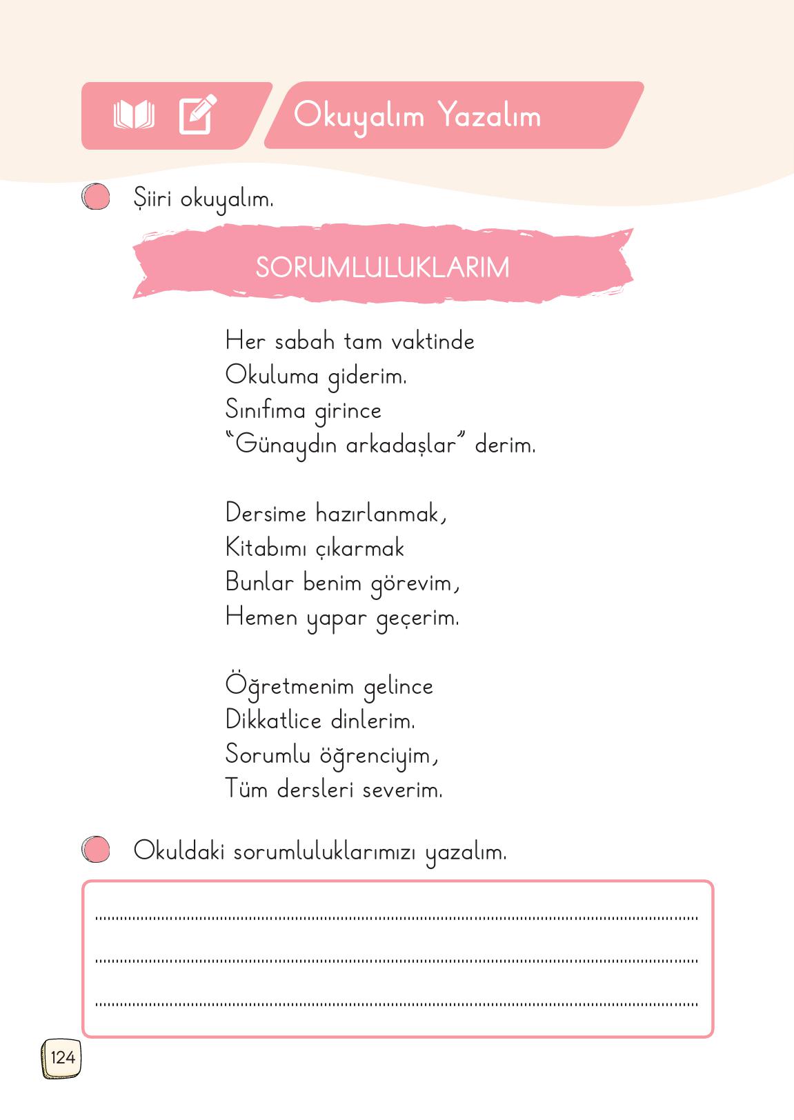 1. Sınıf Meb Yayınları 2. Kitap Türkçe Ders Kitabı Sayfa 124 Cevapları
