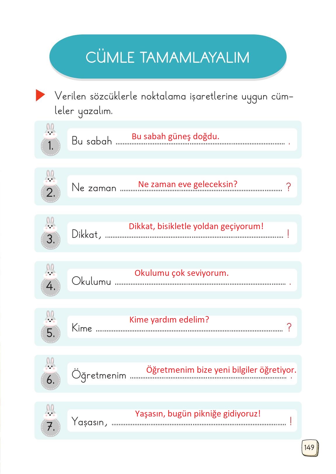 1. Sınıf Meb Yayınları 2. Kitap Türkçe Ders Kitabı Sayfa 149 Cevapları