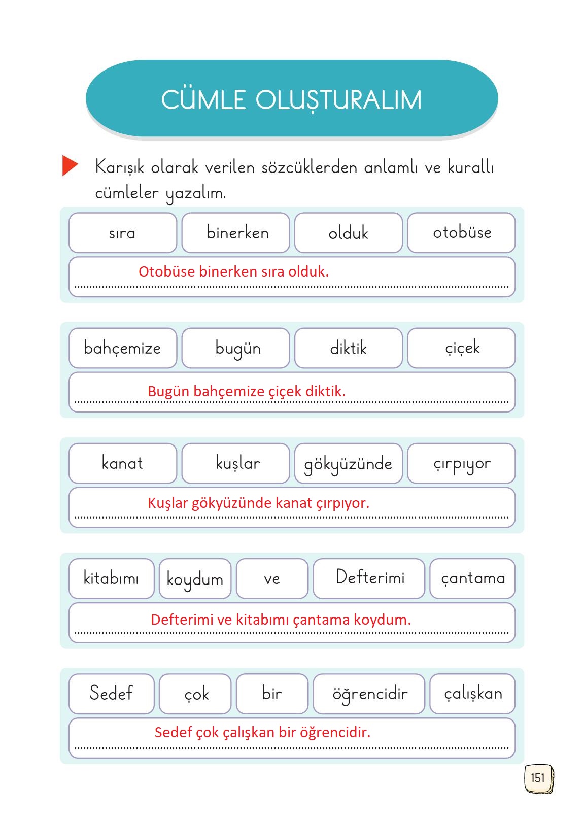 1. Sınıf Meb Yayınları 2. Kitap Türkçe Ders Kitabı Sayfa 151 Cevapları