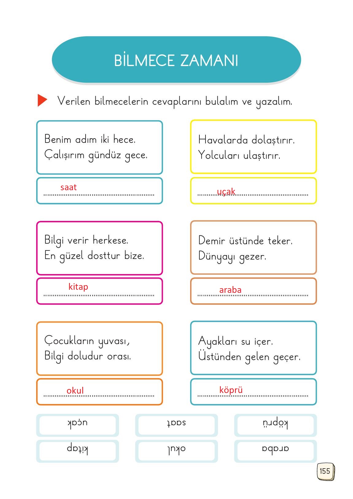 1. Sınıf Meb Yayınları 2. Kitap Türkçe Ders Kitabı Sayfa 155 Cevapları