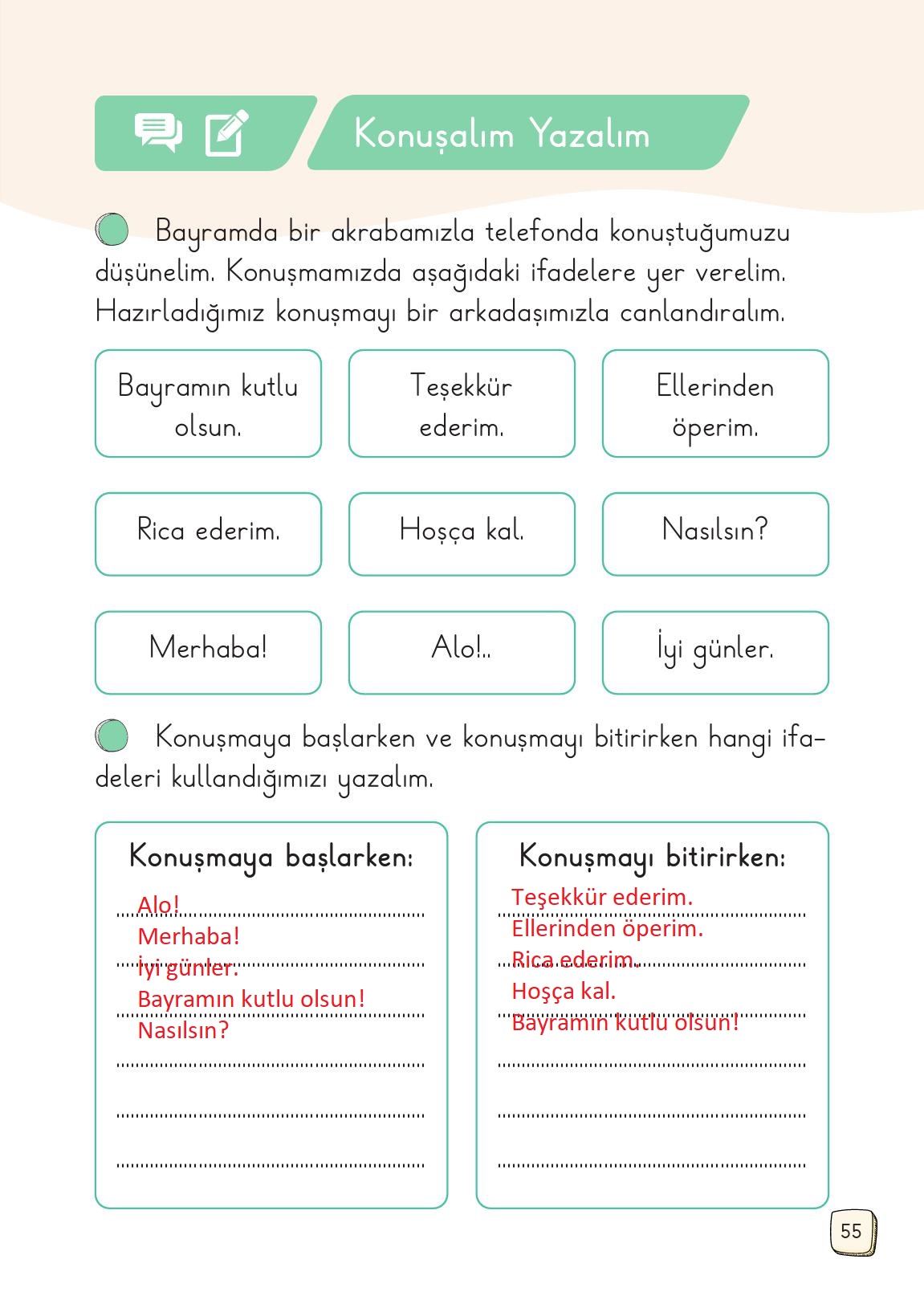 1. Sınıf Meb Yayınları 2. Kitap Türkçe Ders Kitabı Sayfa 55 Cevapları