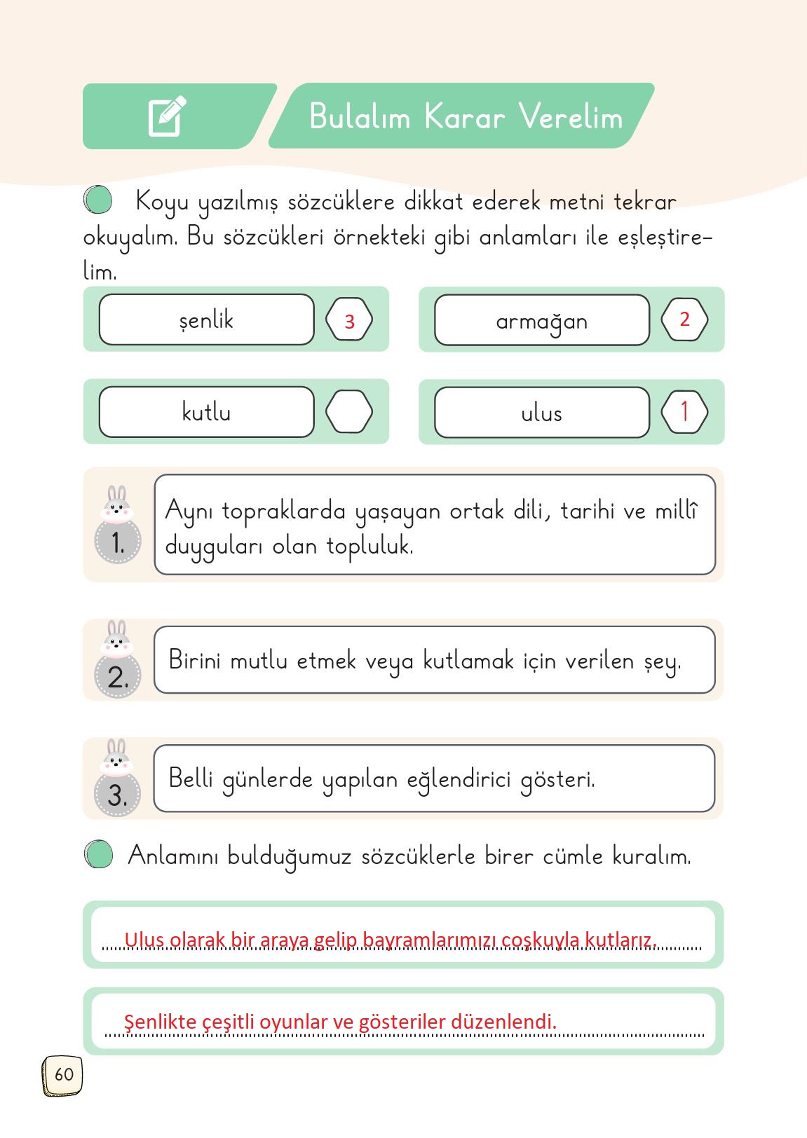 1. Sınıf Meb Yayınları 2. Kitap Türkçe Ders Kitabı Sayfa 60 Cevapları