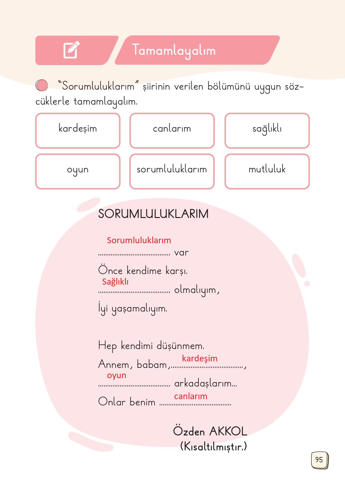 1. Sınıf Meb Yayınları 2. Kitap Türkçe Ders Kitabı Sayfa 95 Cevapları