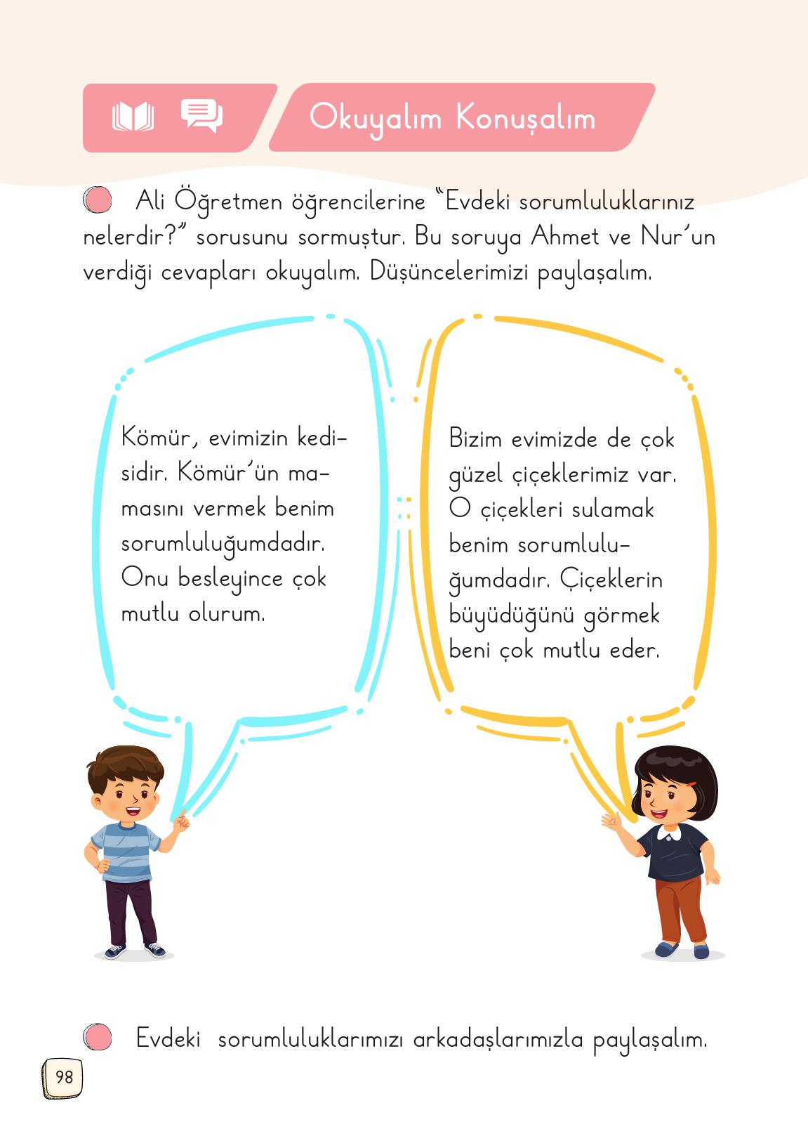 1. Sınıf Meb Yayınları 2. Kitap Türkçe Ders Kitabı Sayfa 98 Cevapları