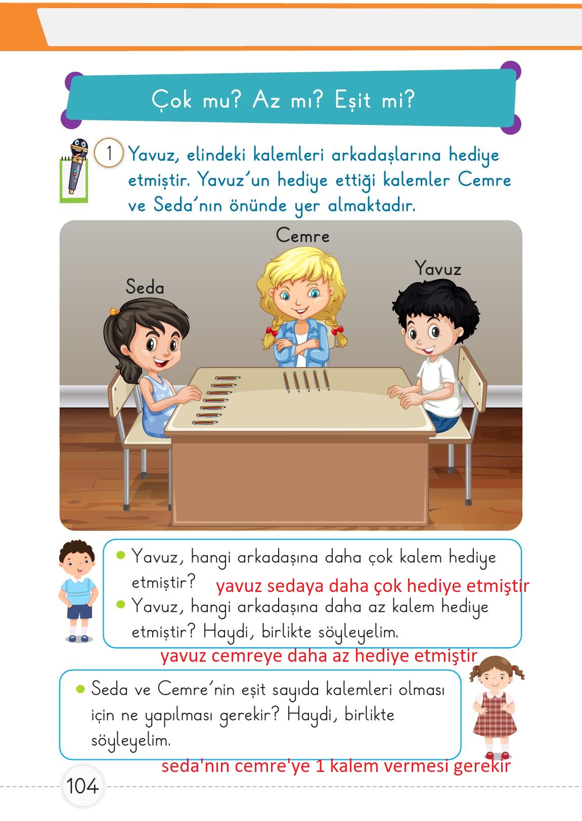 1. Sınıf Meb Yayınları Matematik Ders Kitabı Sayfa 104 Cevapları