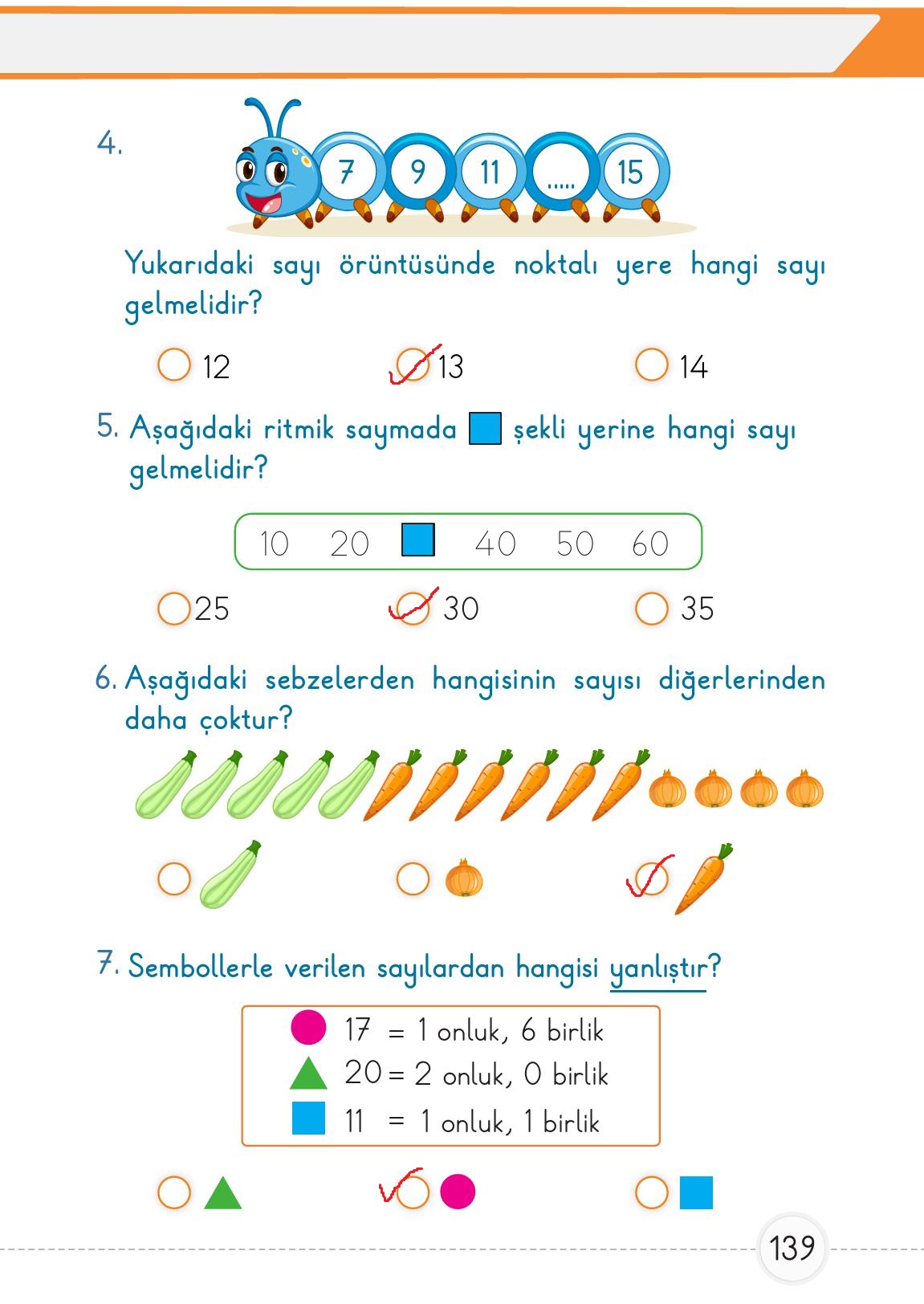 1. Sınıf Meb Yayınları Matematik Ders Kitabı Sayfa 139 Cevapları