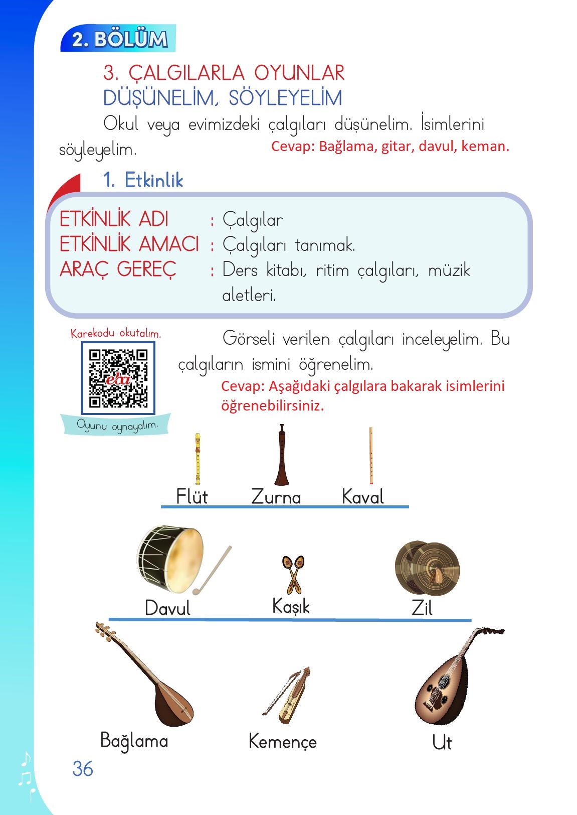 1. Sınıf Meb Yayınları Müzik Ders Kitabı Sayfa 36 Cevapları