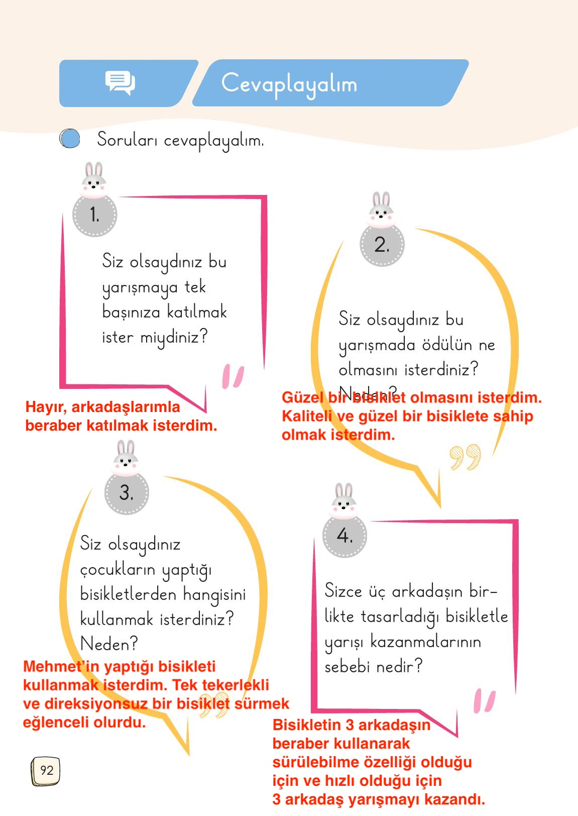 1. Sınıf Meb Yayınları Türkçe Ders Kitabı Sayfa 92 Cevapları