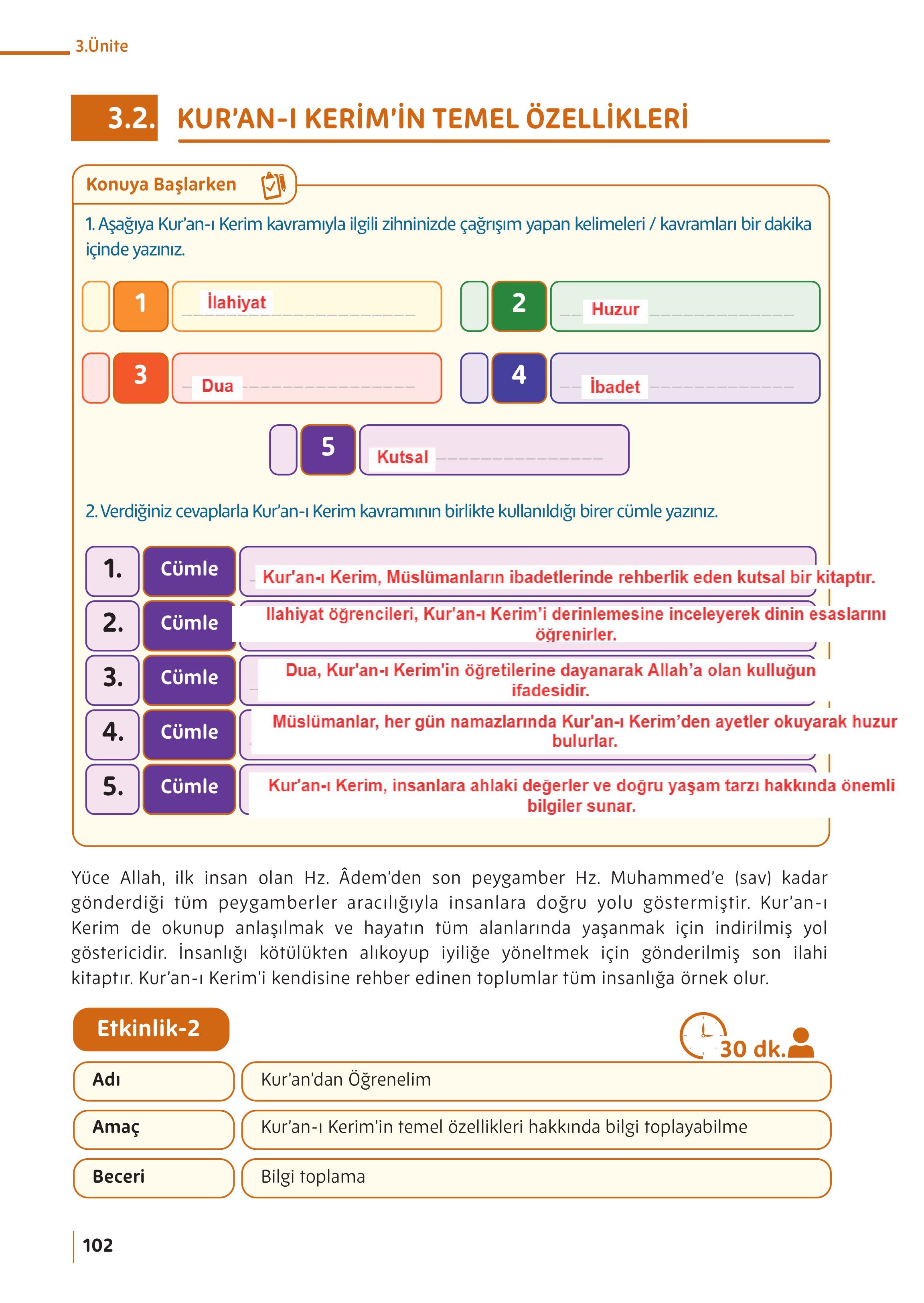 5. Sınıf Meb Yayınları Din Kültürü Ve Ahlak Bilgisi Ders Kitabı Sayfa 102 Cevapları