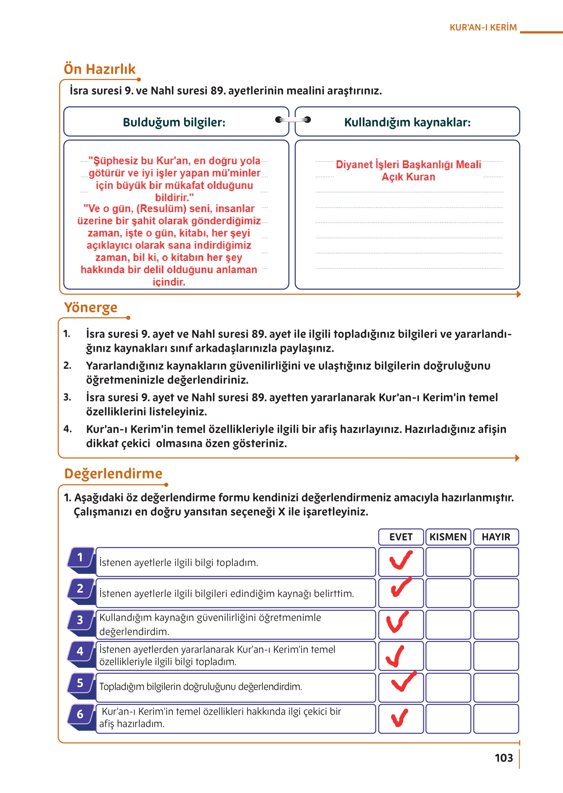 5. Sınıf Meb Yayınları Din Kültürü Ve Ahlak Bilgisi Ders Kitabı Sayfa 103 Cevapları