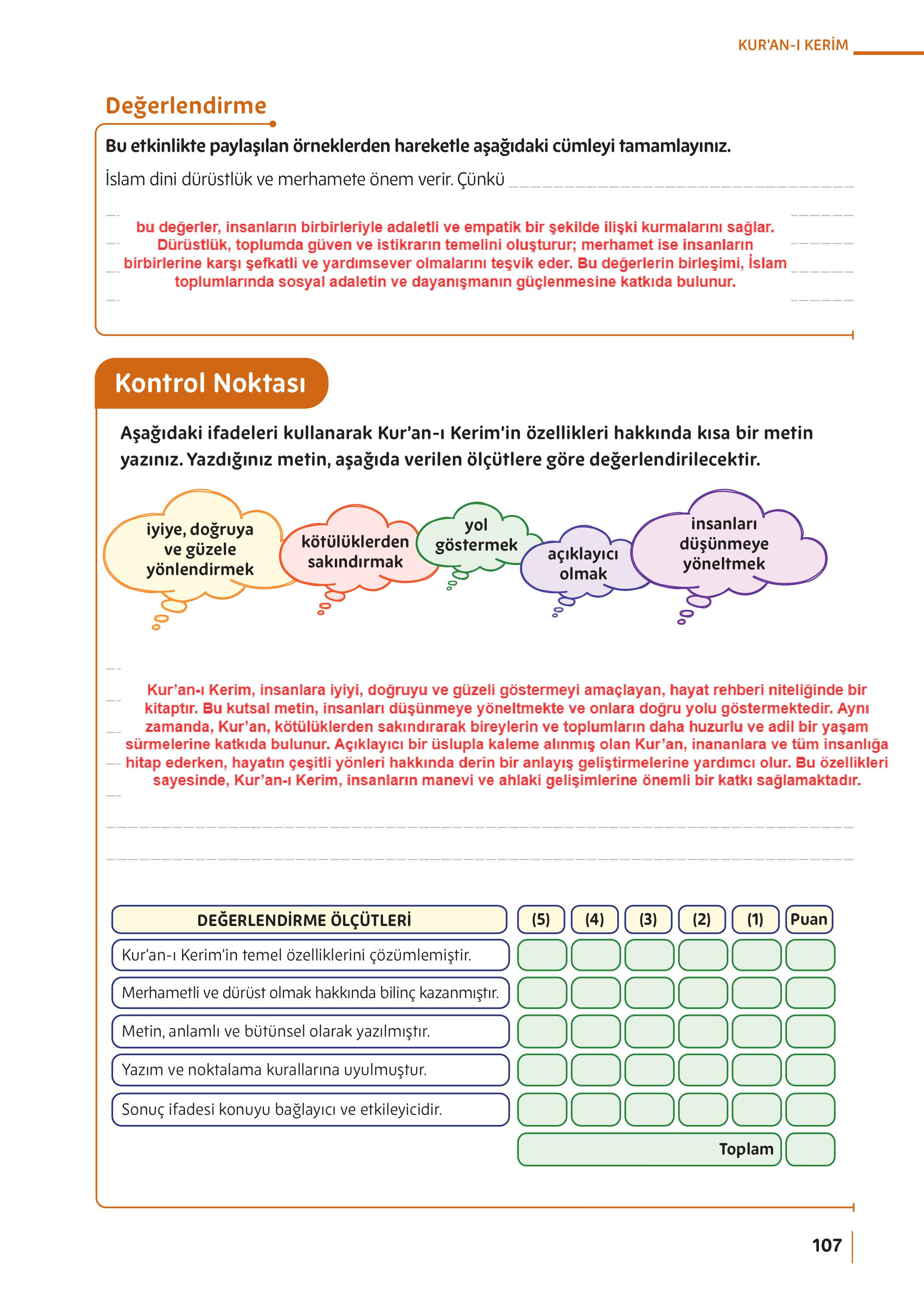5. Sınıf Meb Yayınları Din Kültürü Ve Ahlak Bilgisi Ders Kitabı Sayfa 107 Cevapları