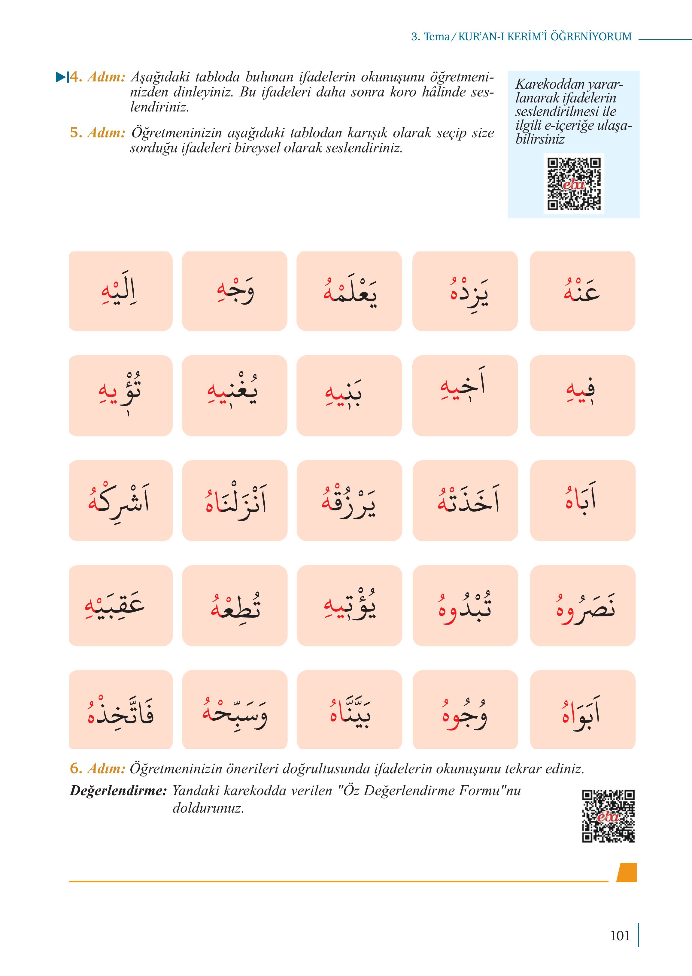 5. Sınıf Meb Yayınları Kur'an- Kerim Ders Kitabı Sayfa 101 Cevapları