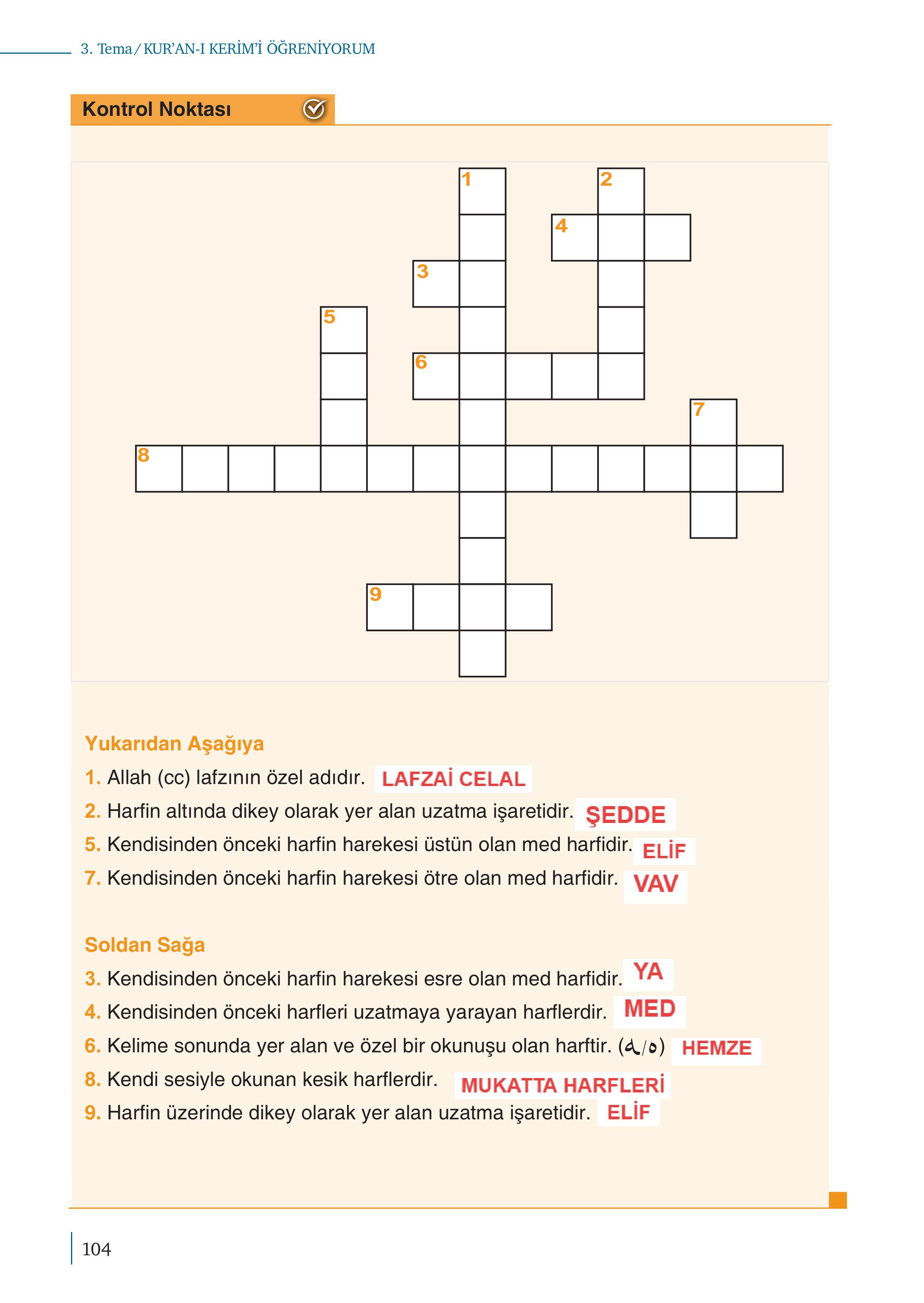 5. Sınıf Meb Yayınları Kur'an- Kerim Ders Kitabı Sayfa 104 Cevapları