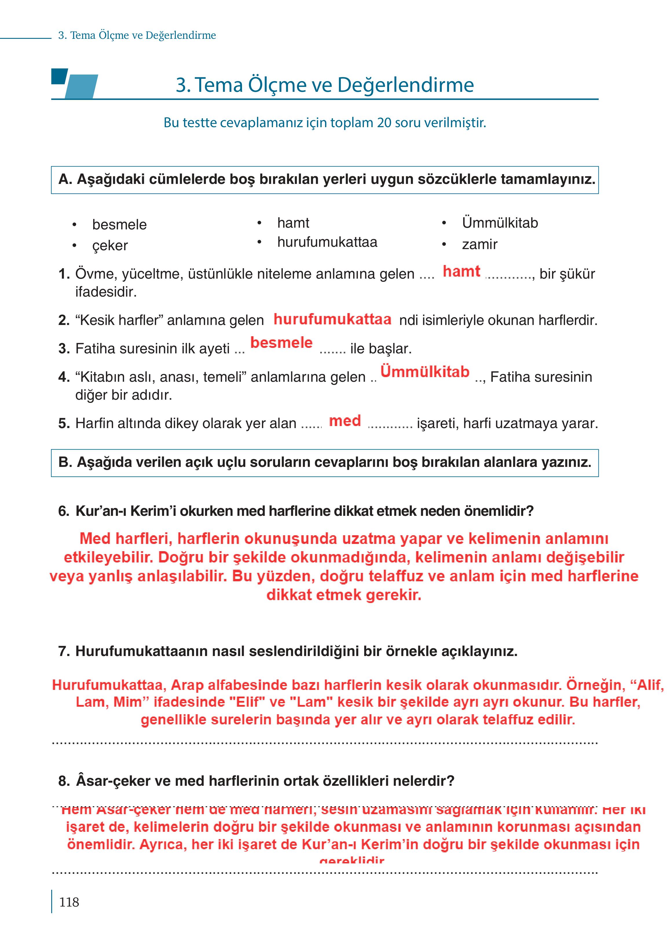 5. Sınıf Meb Yayınları Kur'an- Kerim Ders Kitabı Sayfa 118 Cevapları