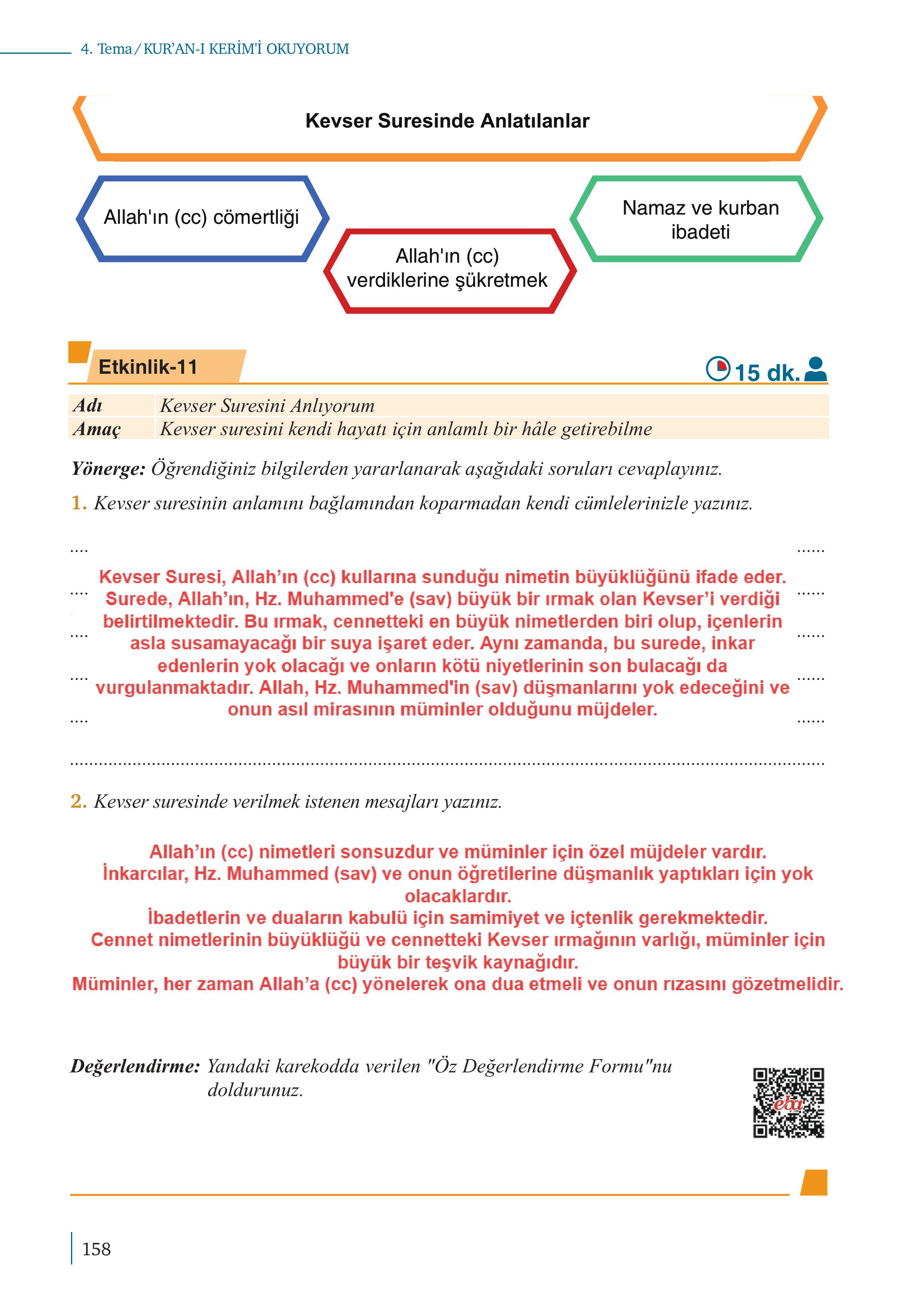 5. Sınıf Meb Yayınları Kur'an- Kerim Ders Kitabı Sayfa 158 Cevapları