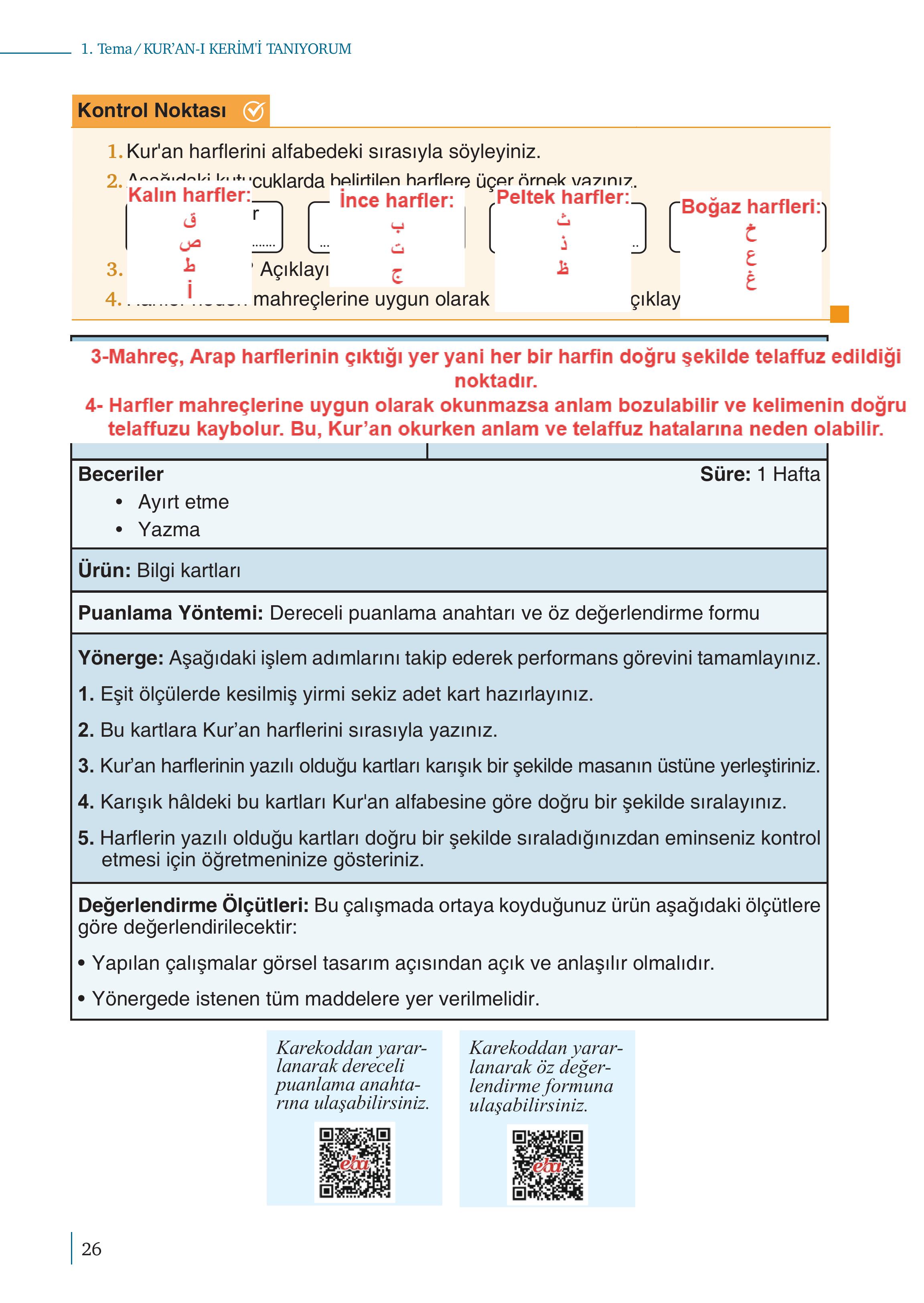 5. Sınıf Meb Yayınları Kur'an- Kerim Ders Kitabı Sayfa 26 Cevapları