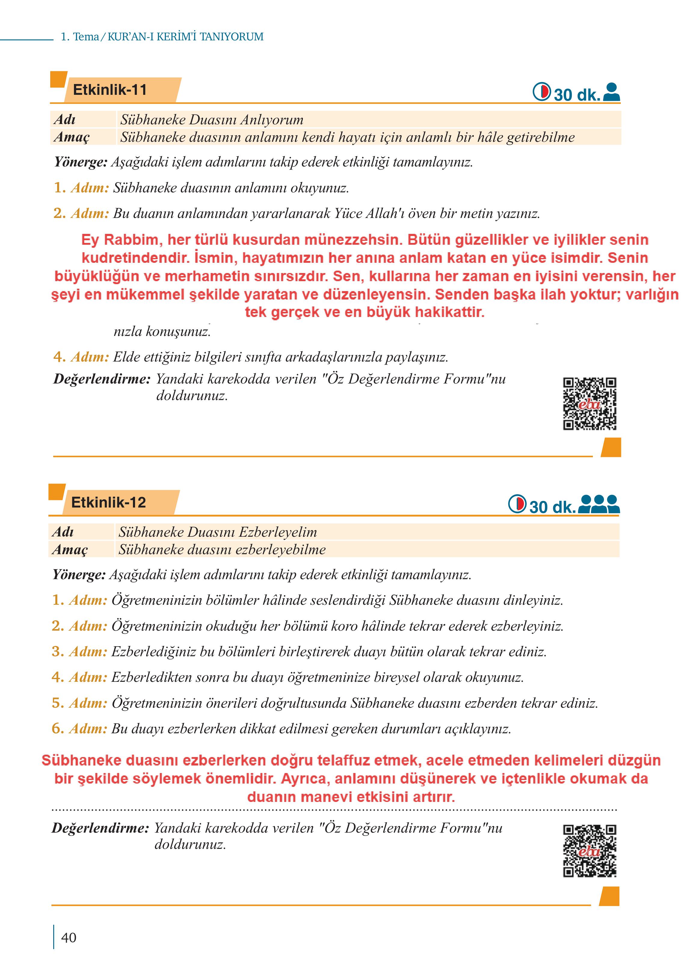 5. Sınıf Meb Yayınları Kur'an- Kerim Ders Kitabı Sayfa 40 Cevapları
