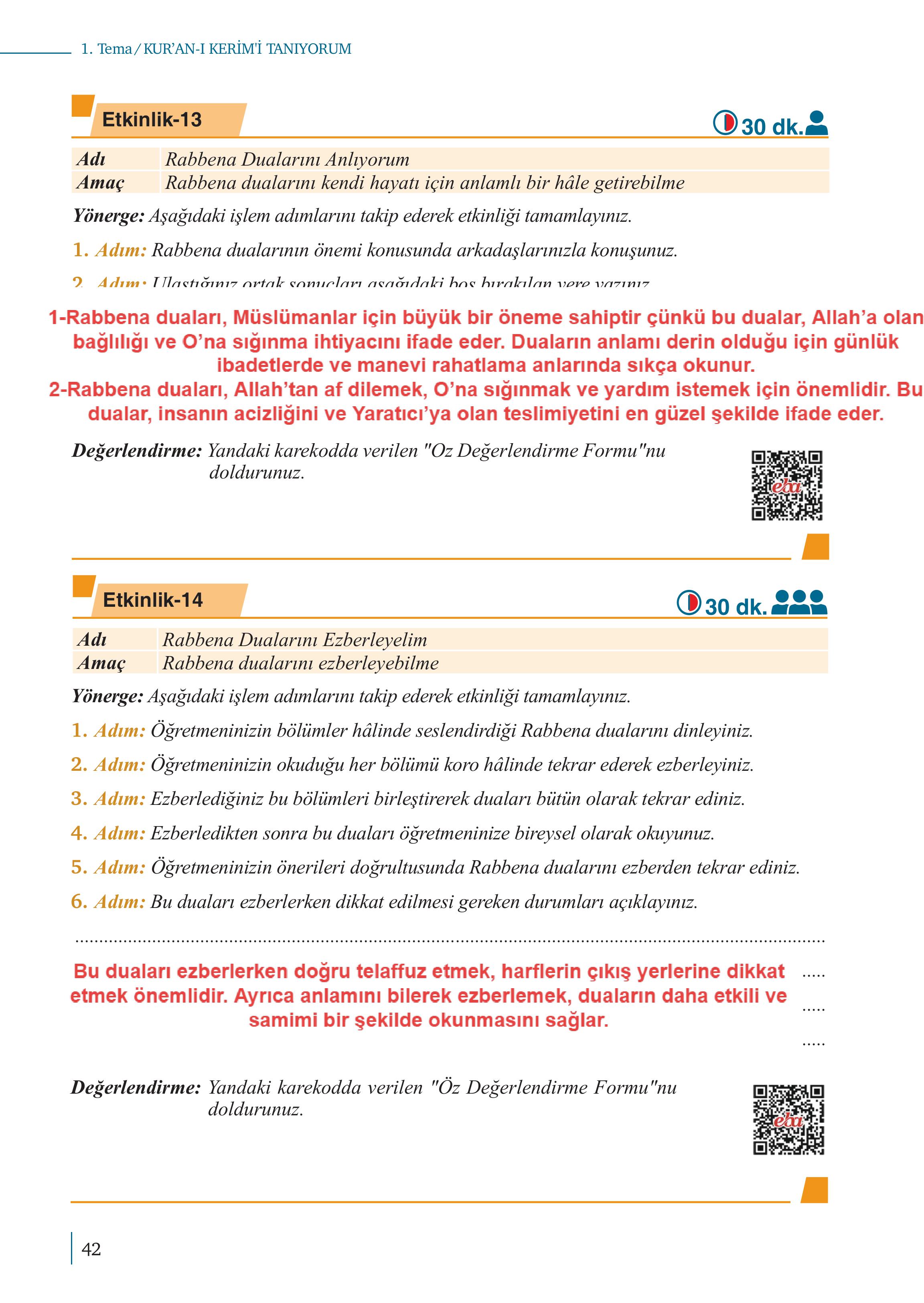 5. Sınıf Meb Yayınları Kur'an- Kerim Ders Kitabı Sayfa 42 Cevapları