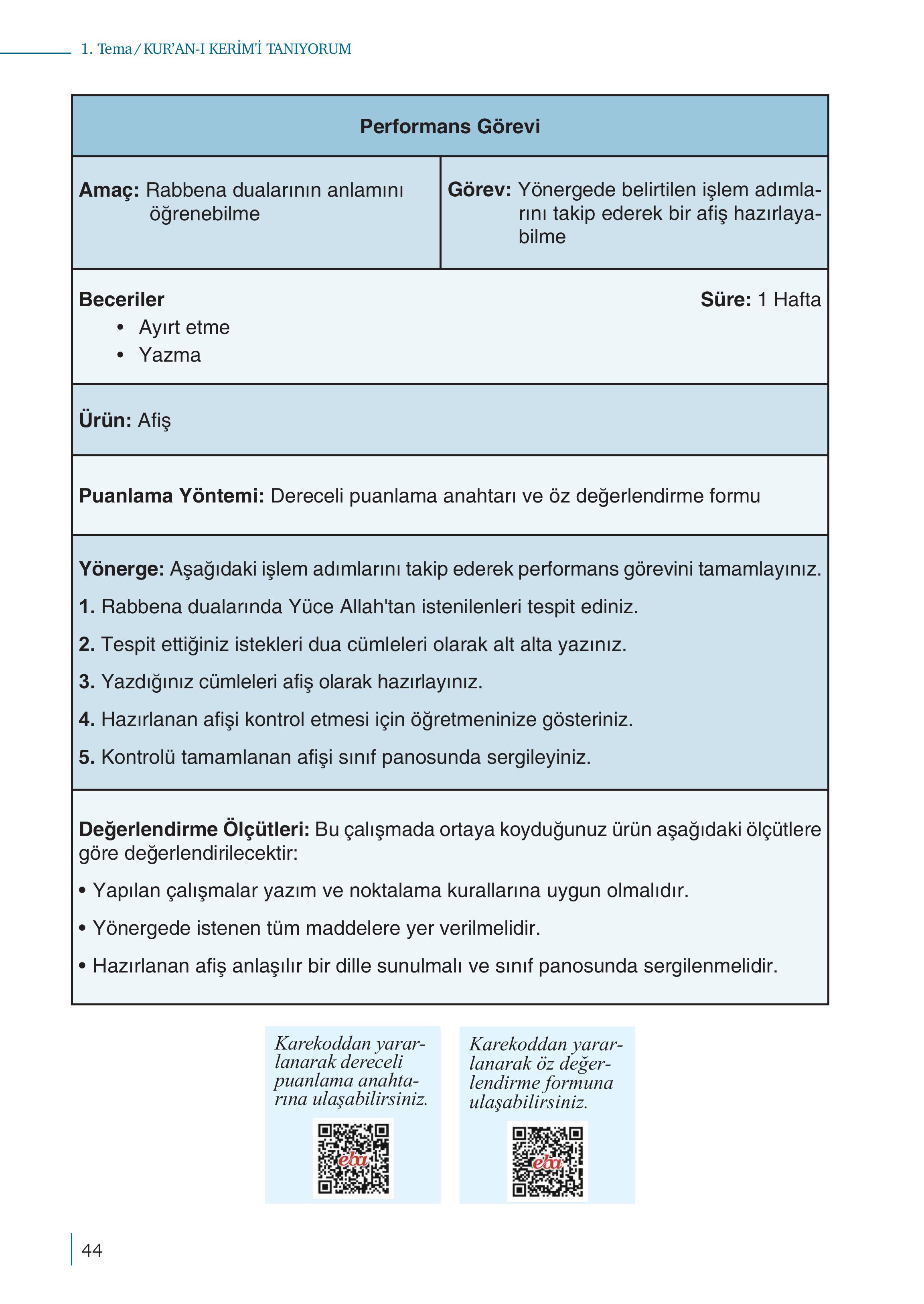 5. Sınıf Meb Yayınları Kur'an- Kerim Ders Kitabı Sayfa 44 Cevapları