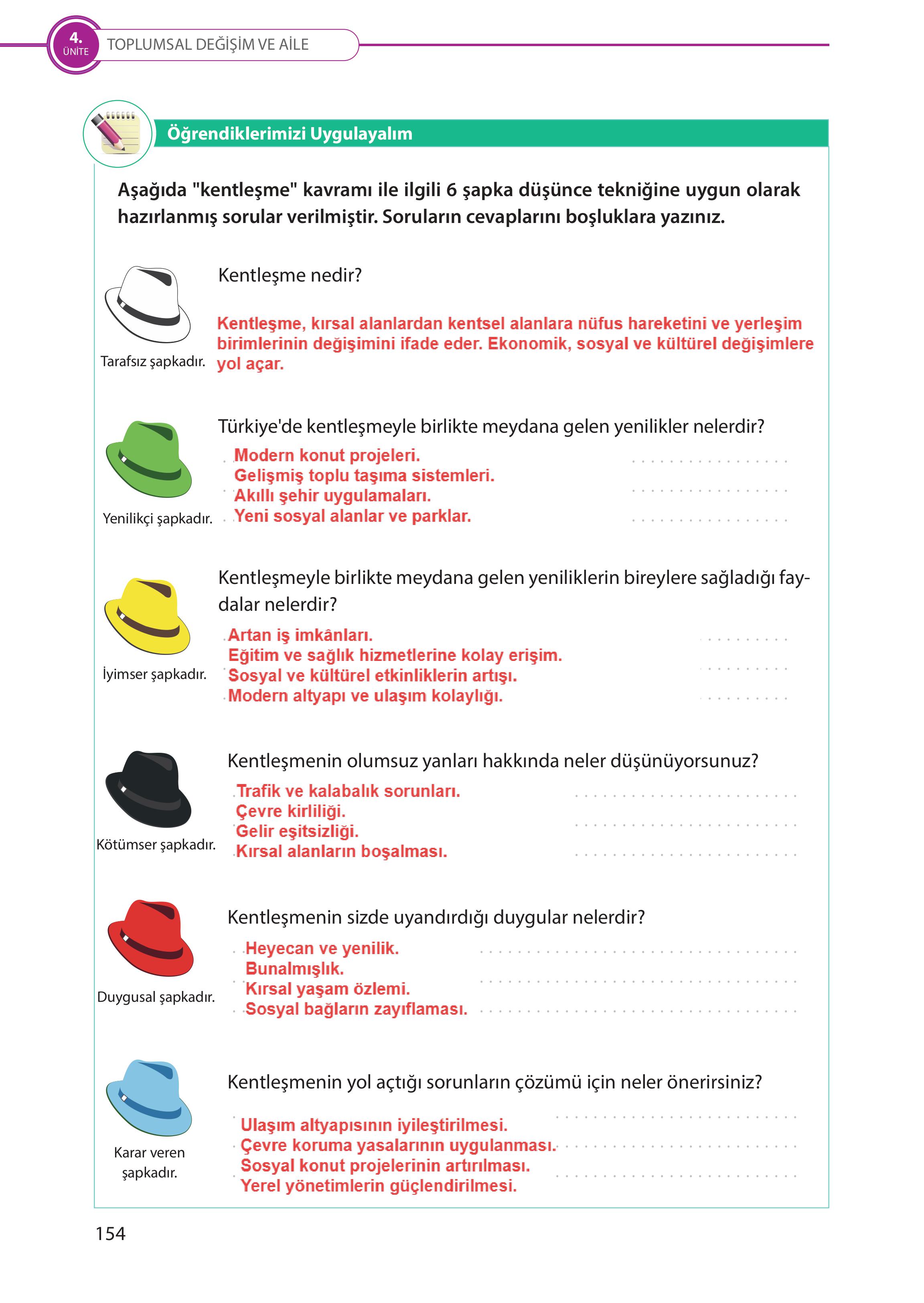 5. Sınıf Meb Yayınları Türk Sosyal Hayatında Aile Ders Kitabı Sayfa 154 Cevapları