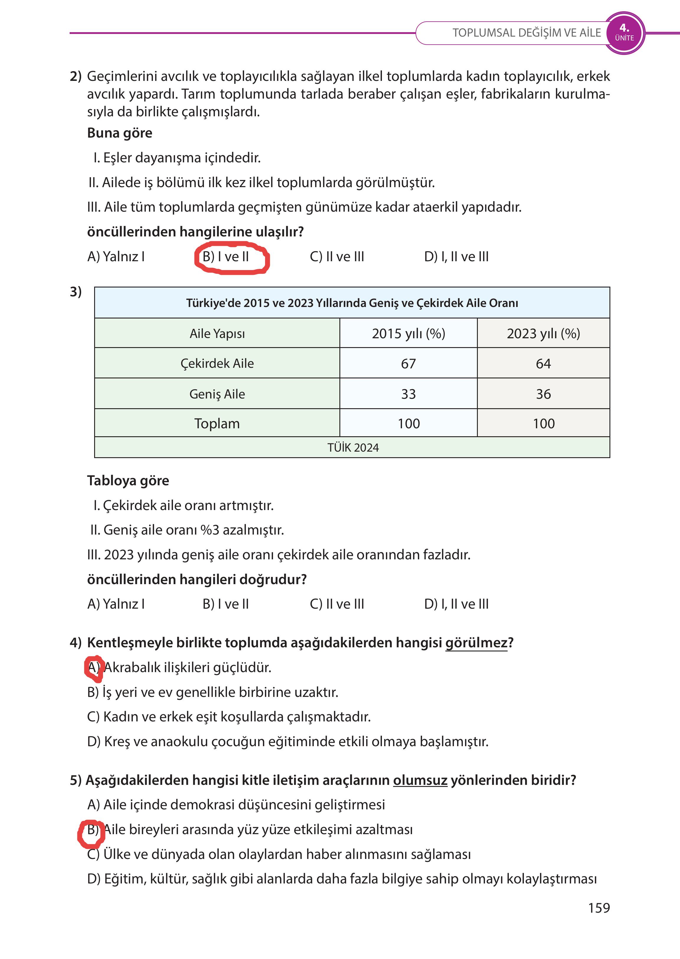 5. Sınıf Meb Yayınları Türk Sosyal Hayatında Aile Ders Kitabı Sayfa 159 Cevapları