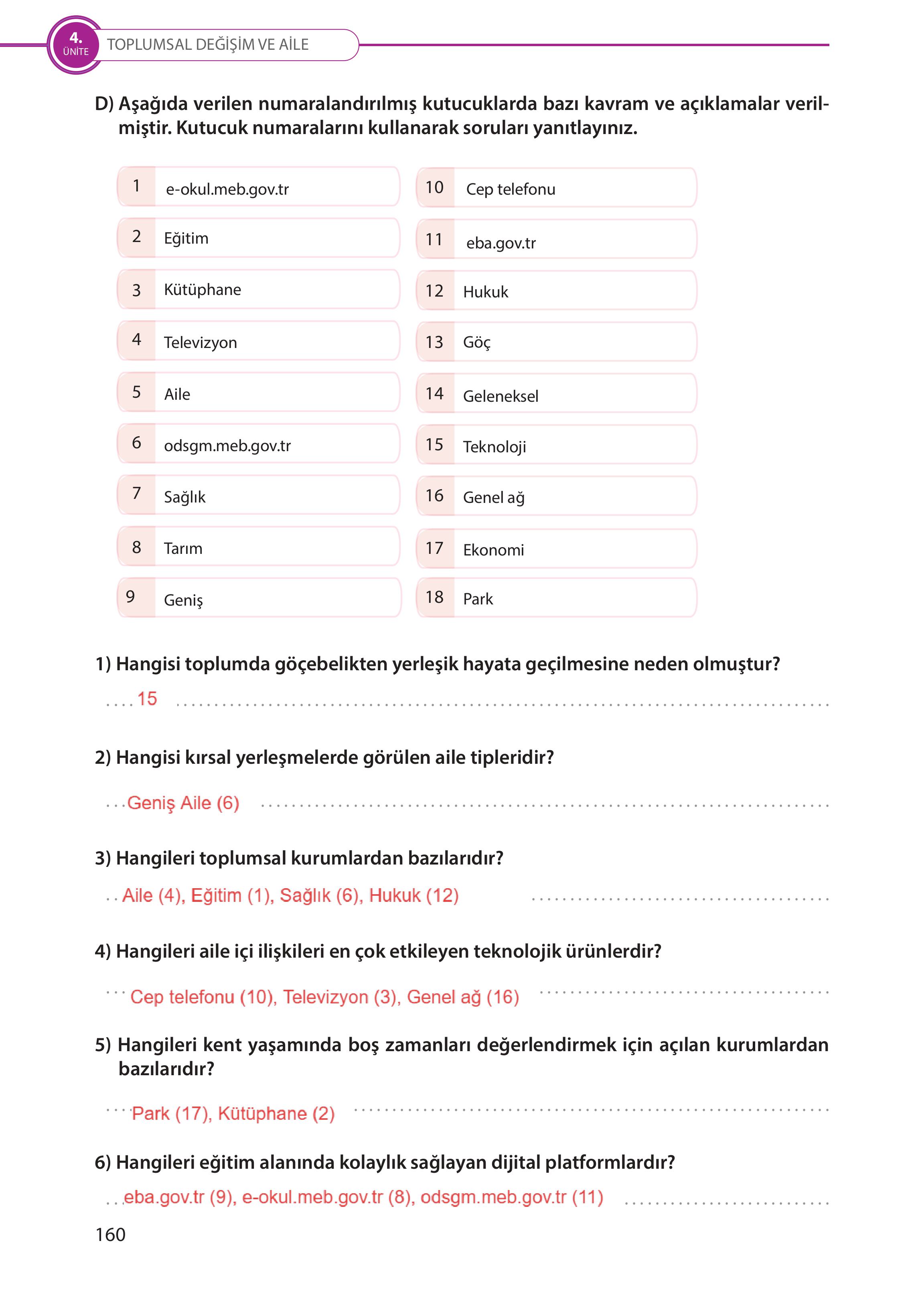 5. Sınıf Meb Yayınları Türk Sosyal Hayatında Aile Ders Kitabı Sayfa 160 Cevapları