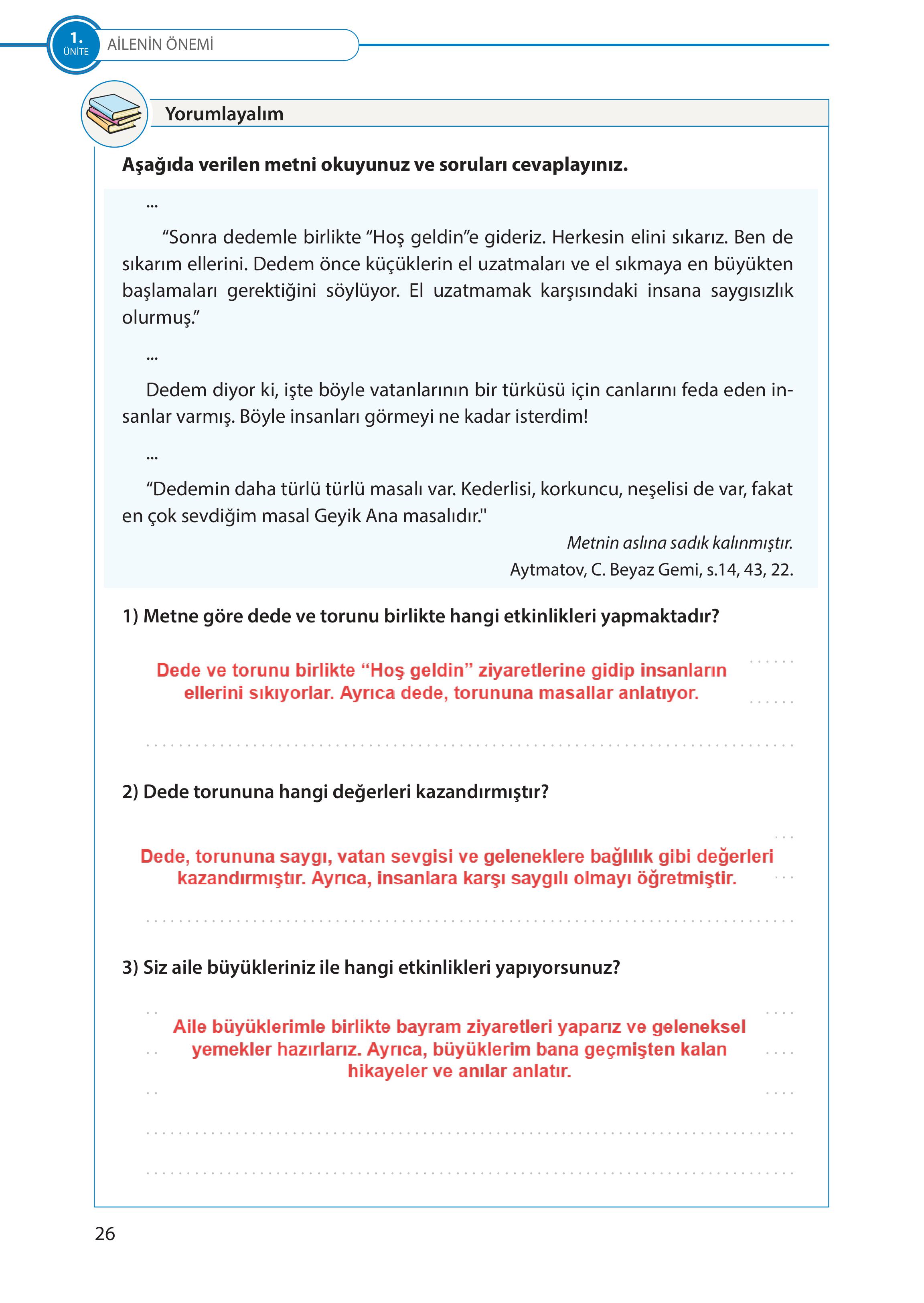 5. Sınıf Meb Yayınları Türk Sosyal Hayatında Aile Ders Kitabı Sayfa 26 Cevapları