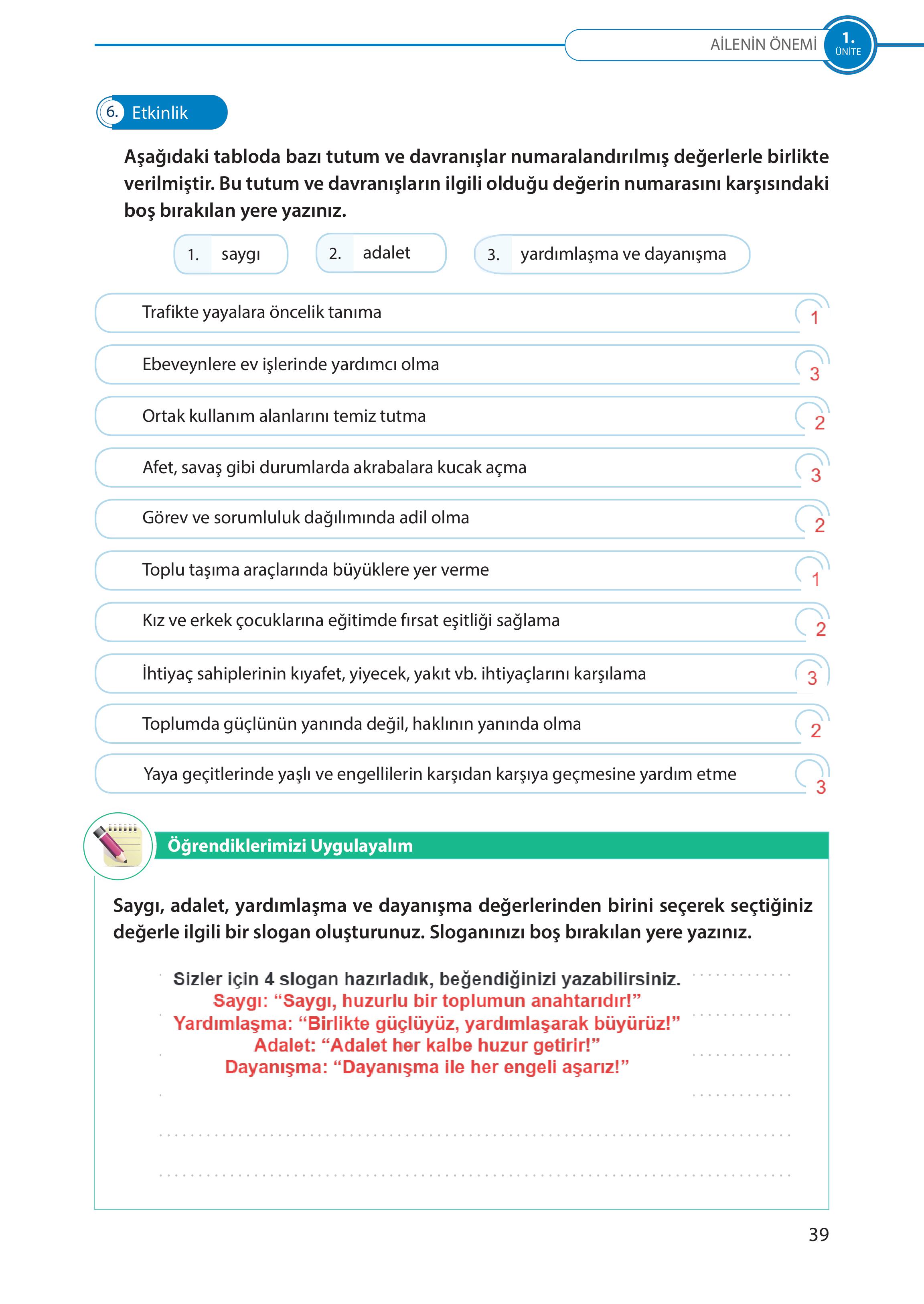 5. Sınıf Meb Yayınları Türk Sosyal Hayatında Aile Ders Kitabı Sayfa 39 Cevapları
