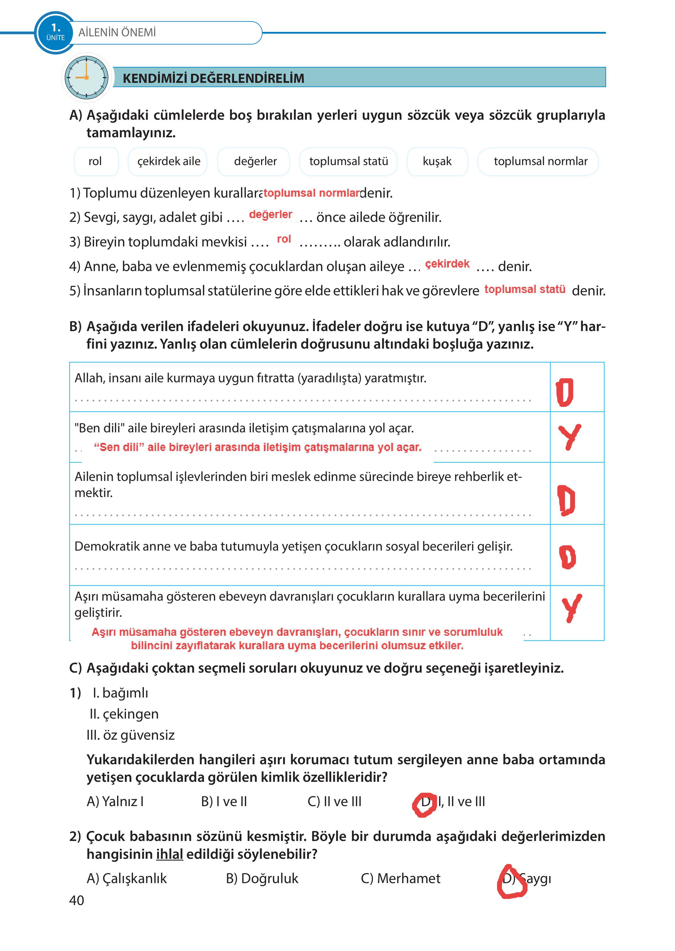 5. Sınıf Meb Yayınları Türk Sosyal Hayatında Aile Ders Kitabı Sayfa 40 Cevapları