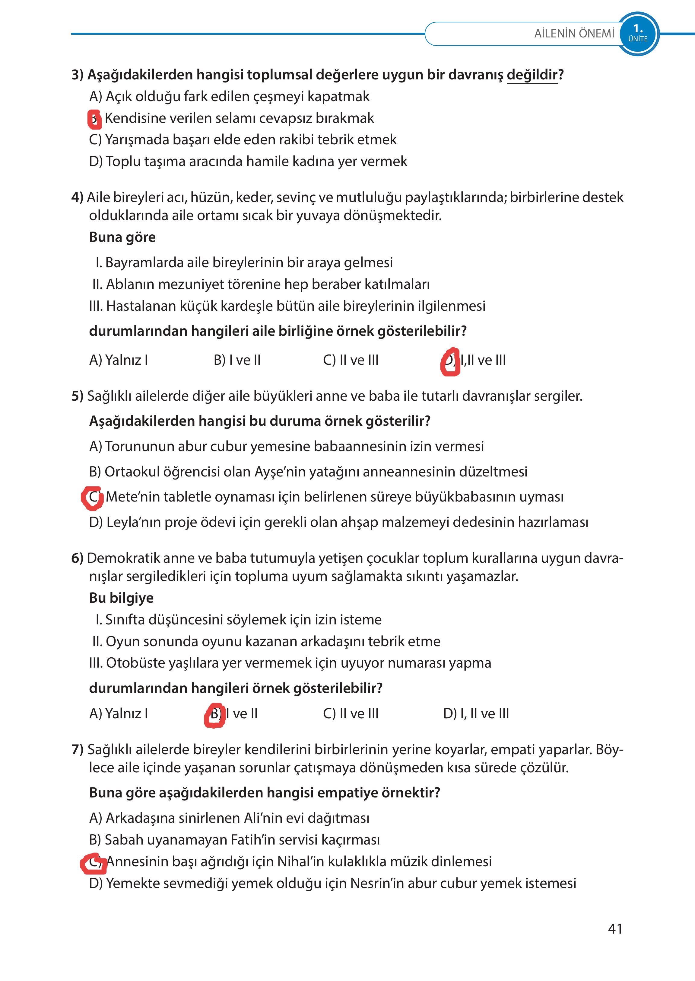 5. Sınıf Meb Yayınları Türk Sosyal Hayatında Aile Ders Kitabı Sayfa 41 Cevapları