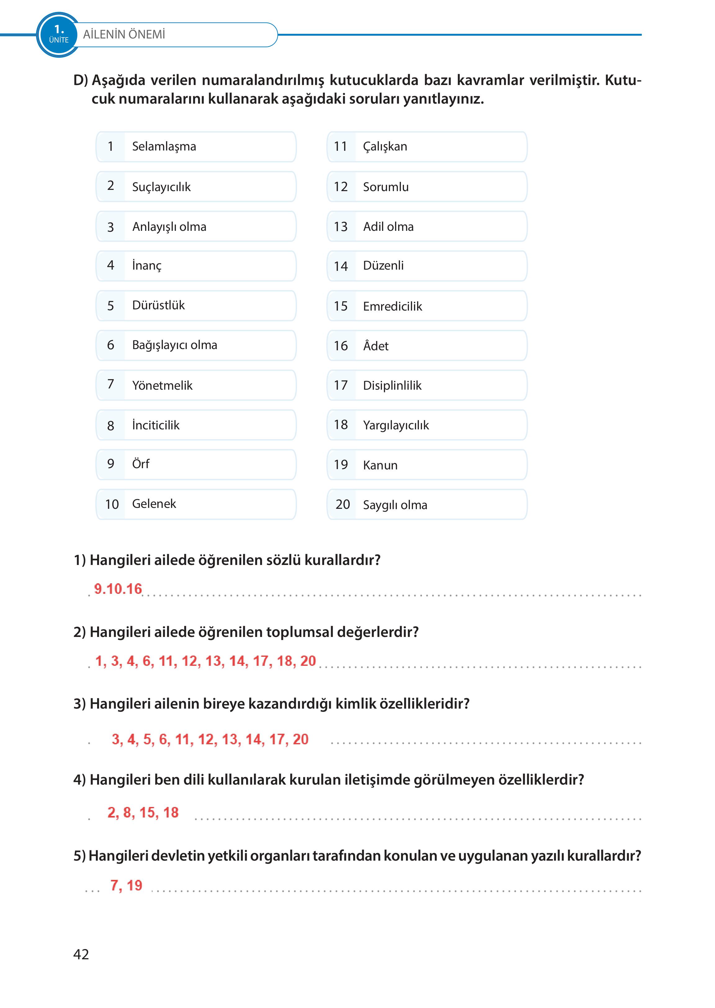 5. Sınıf Meb Yayınları Türk Sosyal Hayatında Aile Ders Kitabı Sayfa 42 Cevapları