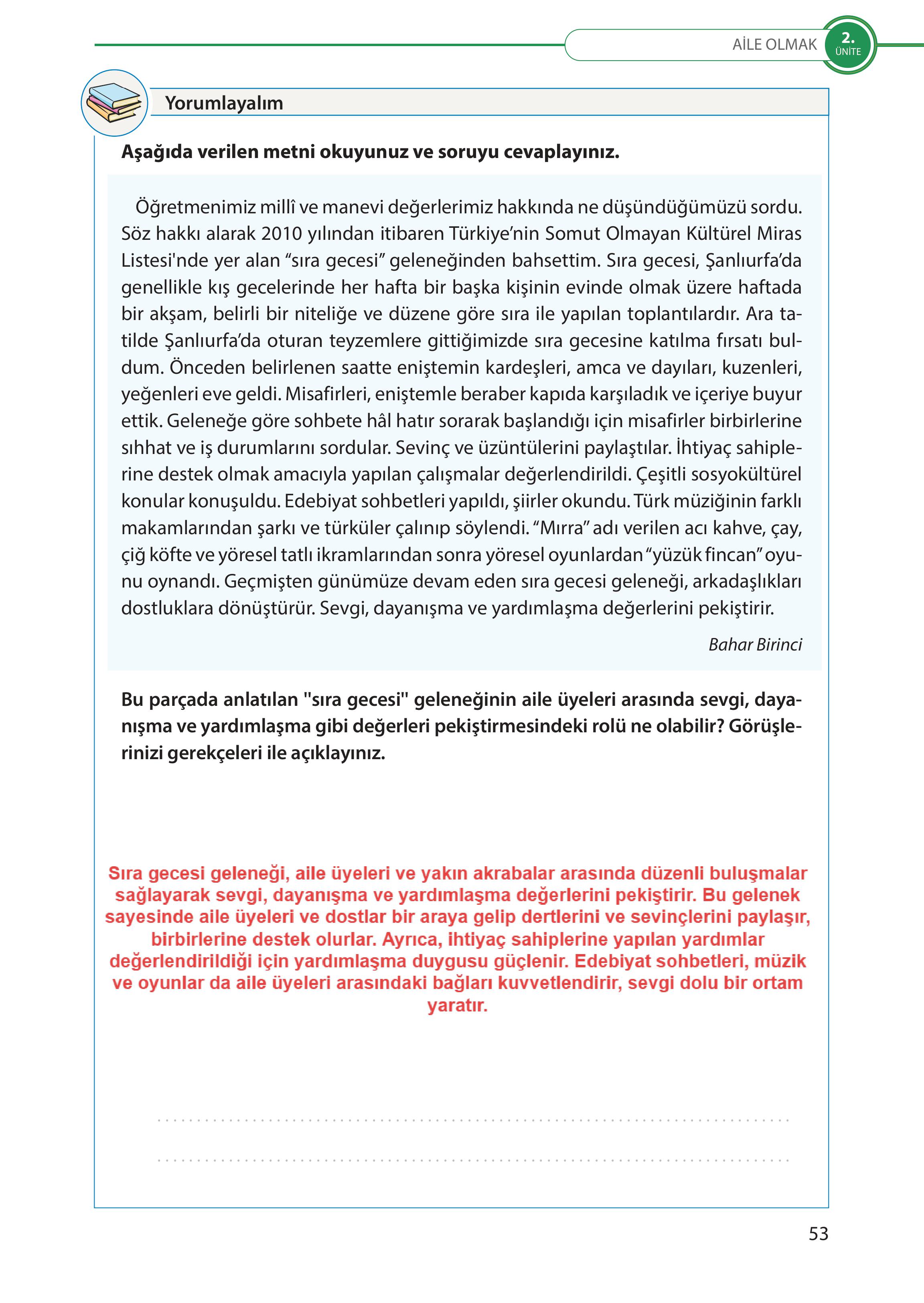 5. Sınıf Meb Yayınları Türk Sosyal Hayatında Aile Ders Kitabı Sayfa 53 Cevapları