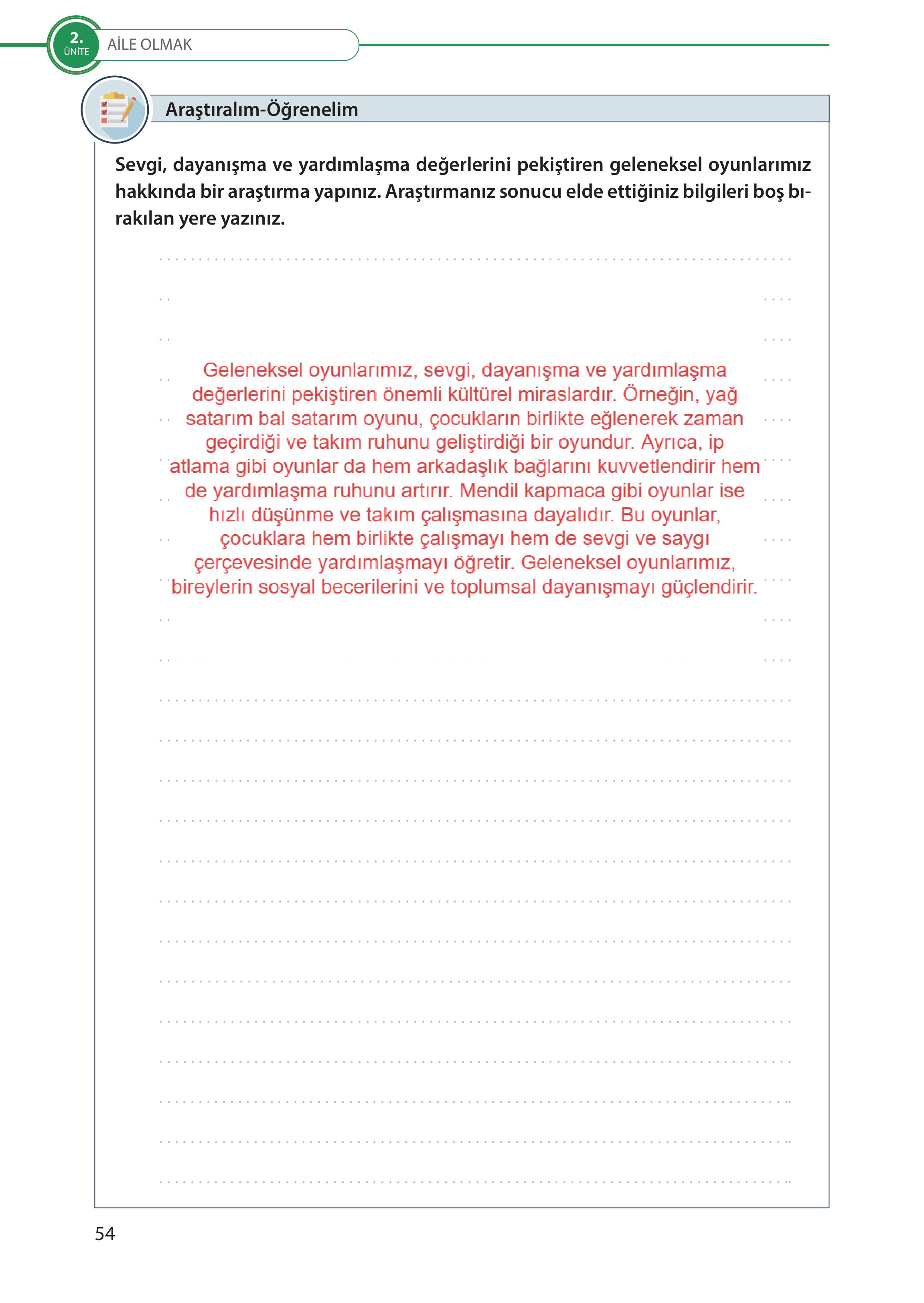5. Sınıf Meb Yayınları Türk Sosyal Hayatında Aile Ders Kitabı Sayfa 54 Cevapları