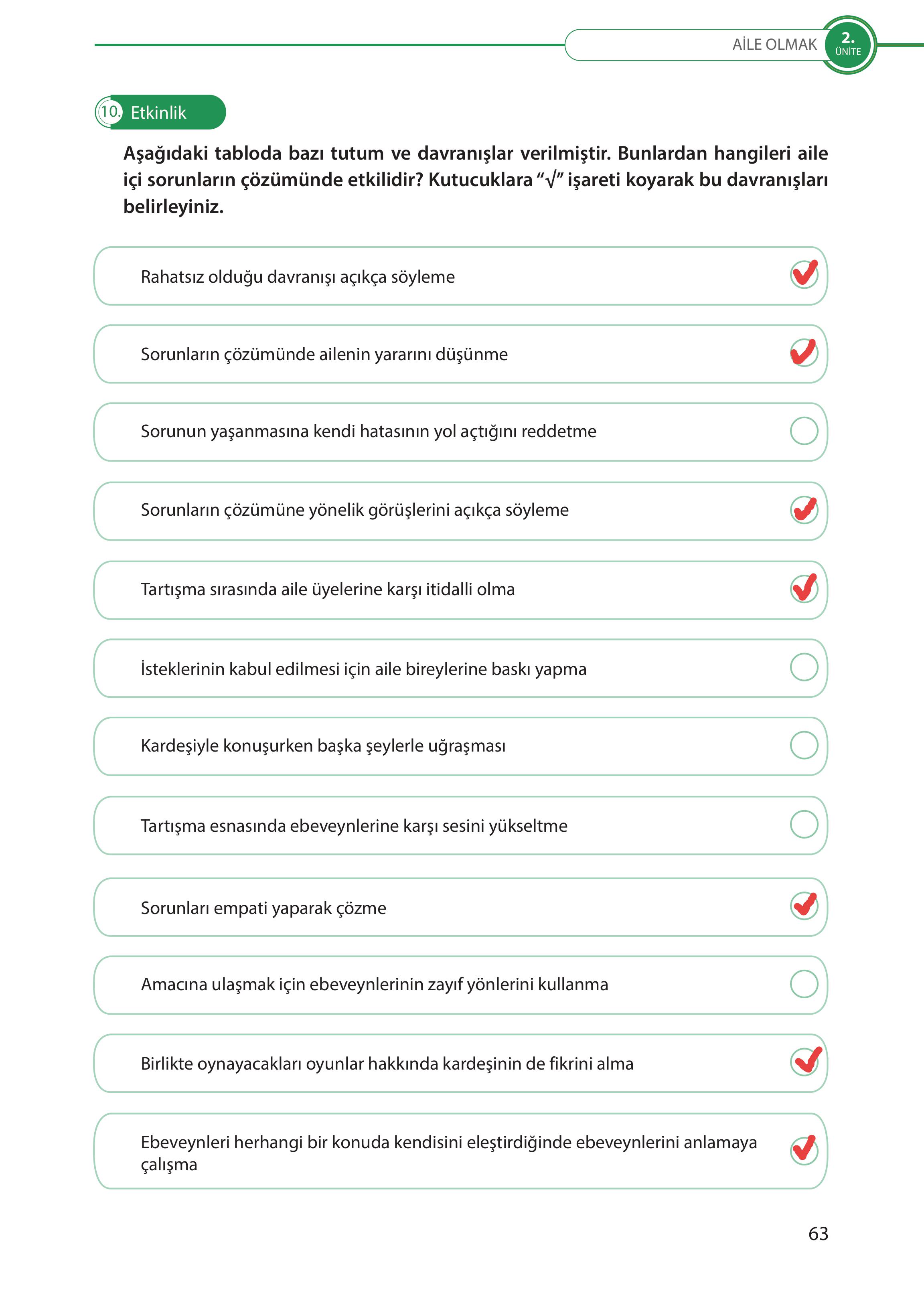 5. Sınıf Meb Yayınları Türk Sosyal Hayatında Aile Ders Kitabı Sayfa 63 Cevapları