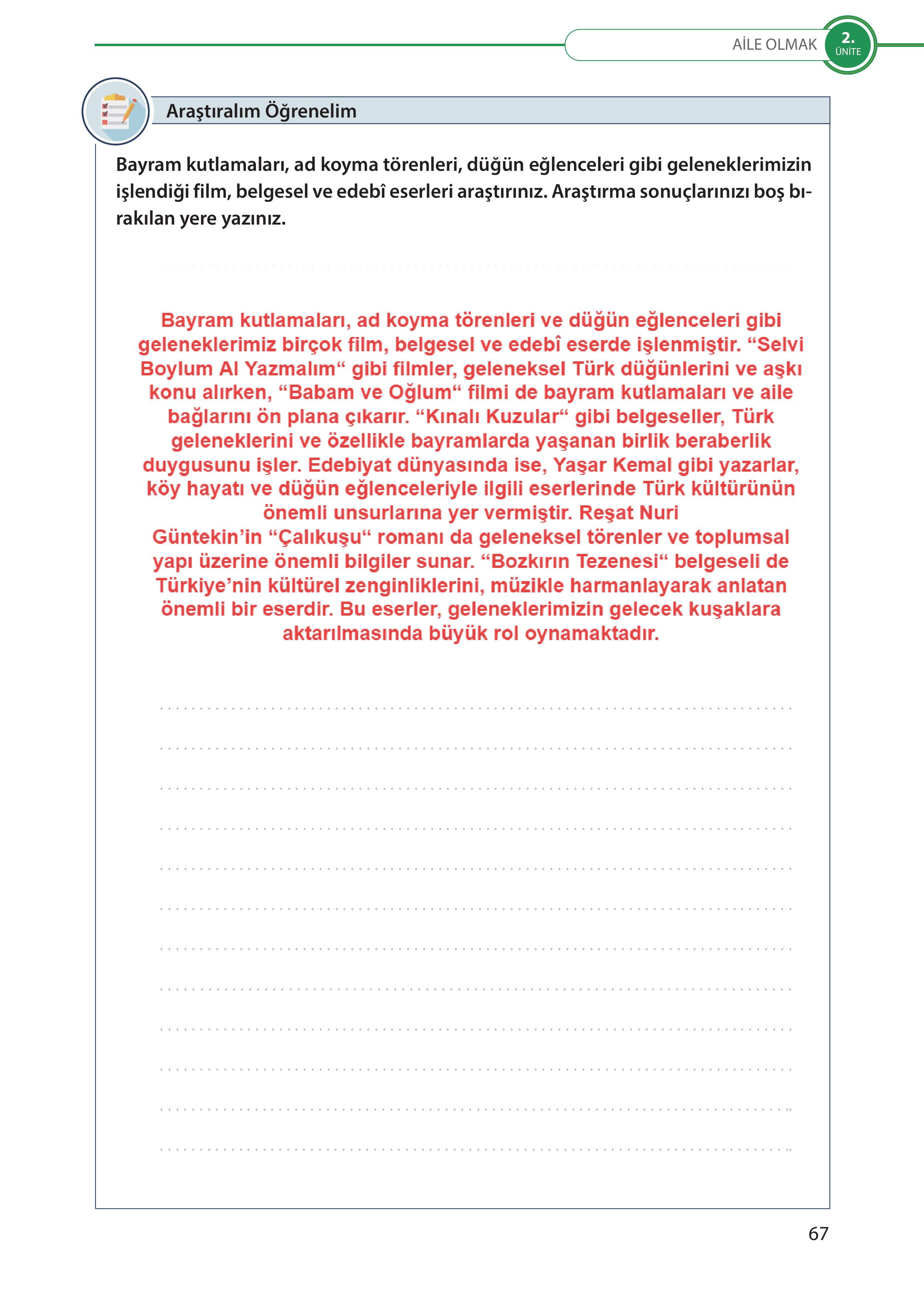 5. Sınıf Meb Yayınları Türk Sosyal Hayatında Aile Ders Kitabı Sayfa 67 Cevapları