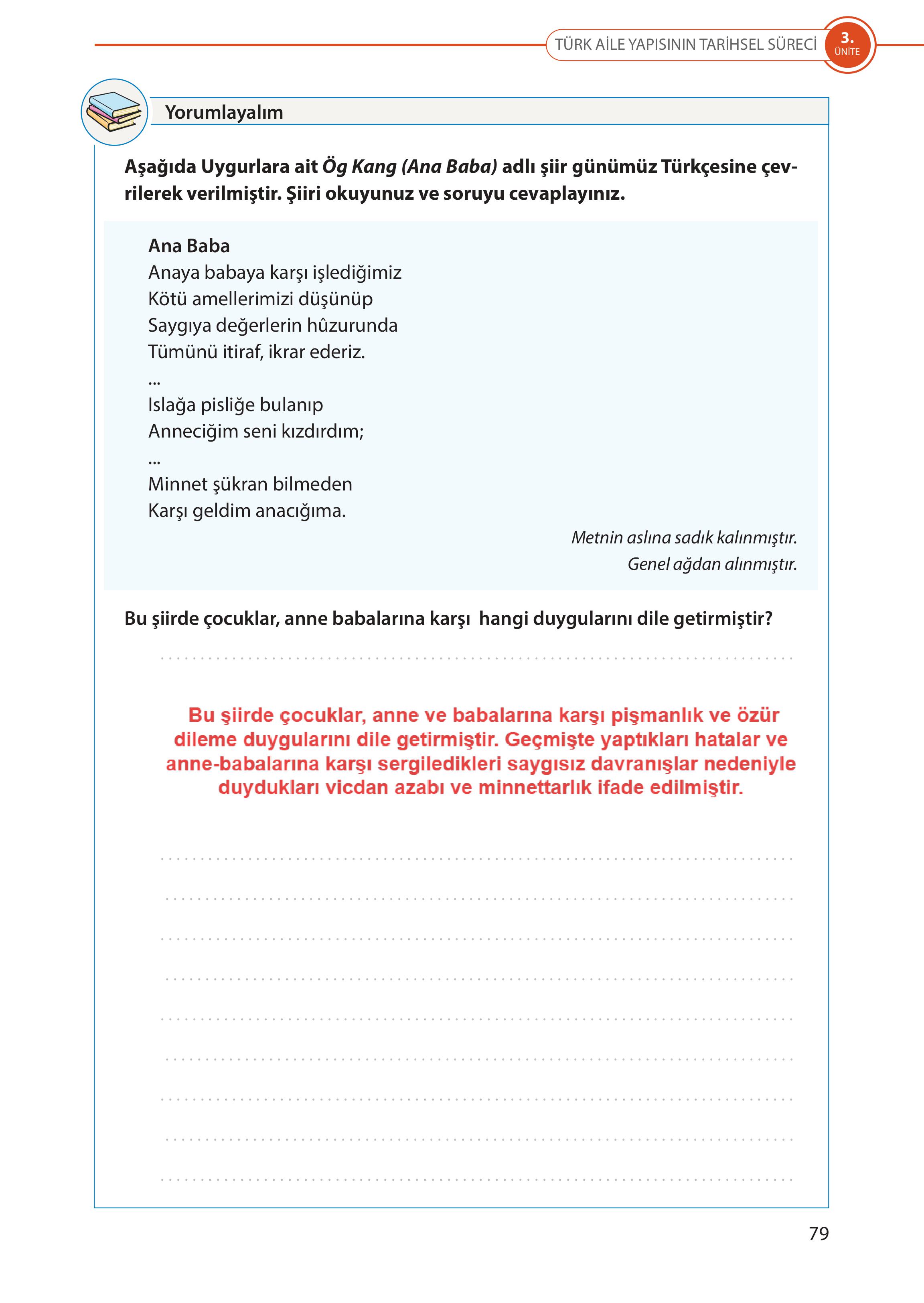 5. Sınıf Meb Yayınları Türk Sosyal Hayatında Aile Ders Kitabı Sayfa 79 Cevapları