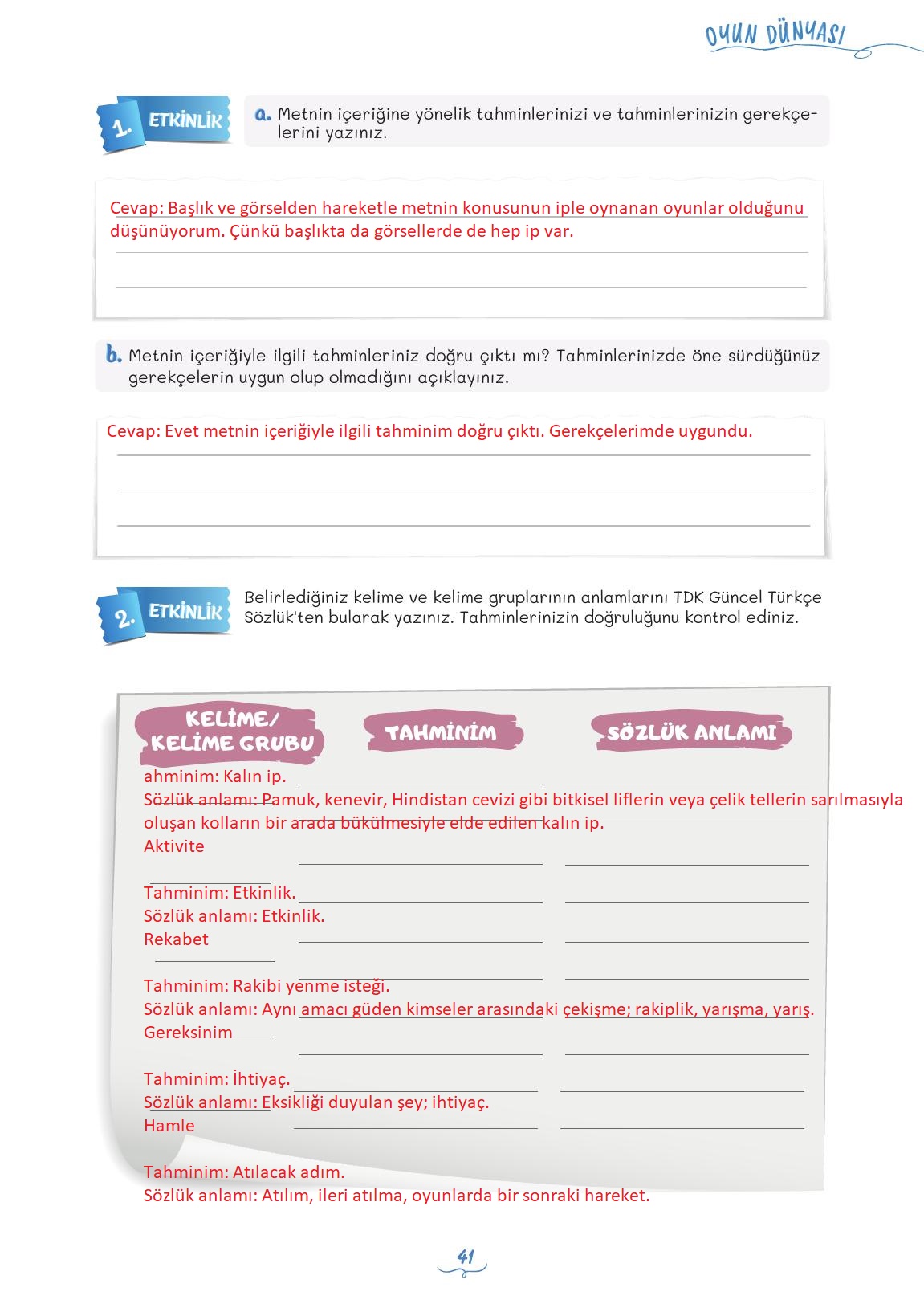 5. Sınıf Meb Yayınları Türkçe Ders Kitabı Sayfa 41 Cevapları