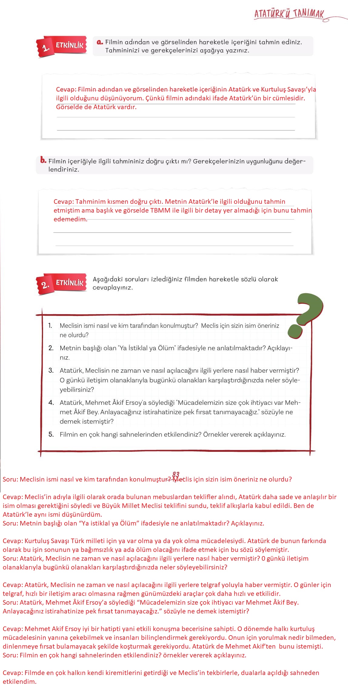 5. Sınıf Meb Yayınları Türkçe Ders Kitabı Sayfa 83 Cevapları