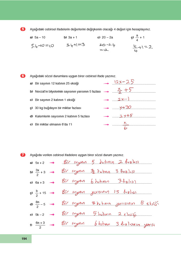 6. Sınıf Doğa Yayınları Matematik Ders Kitabı Sayfa 194 Cevapları 6. Sınıf Doğa Yayınları Matematik Ders Kitabı Sayfa 194 Cevapları