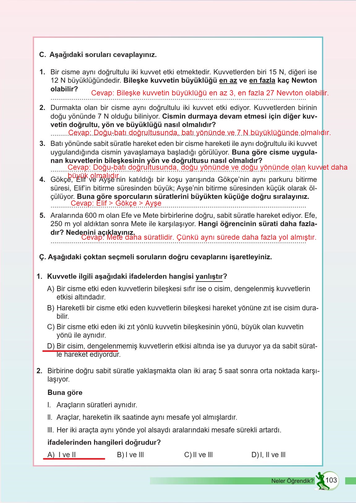 6. Sınıf Meb Yayınları Fen Bilimleri Ders Kitabı Sayfa 103 Cevapları