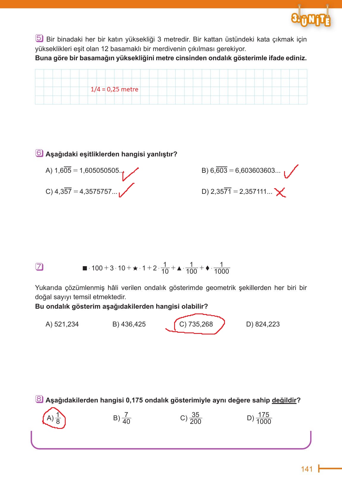 6. Sınıf Meb Yayınları Matematik Ders Kitabı Sayfa 141 Cevapları
